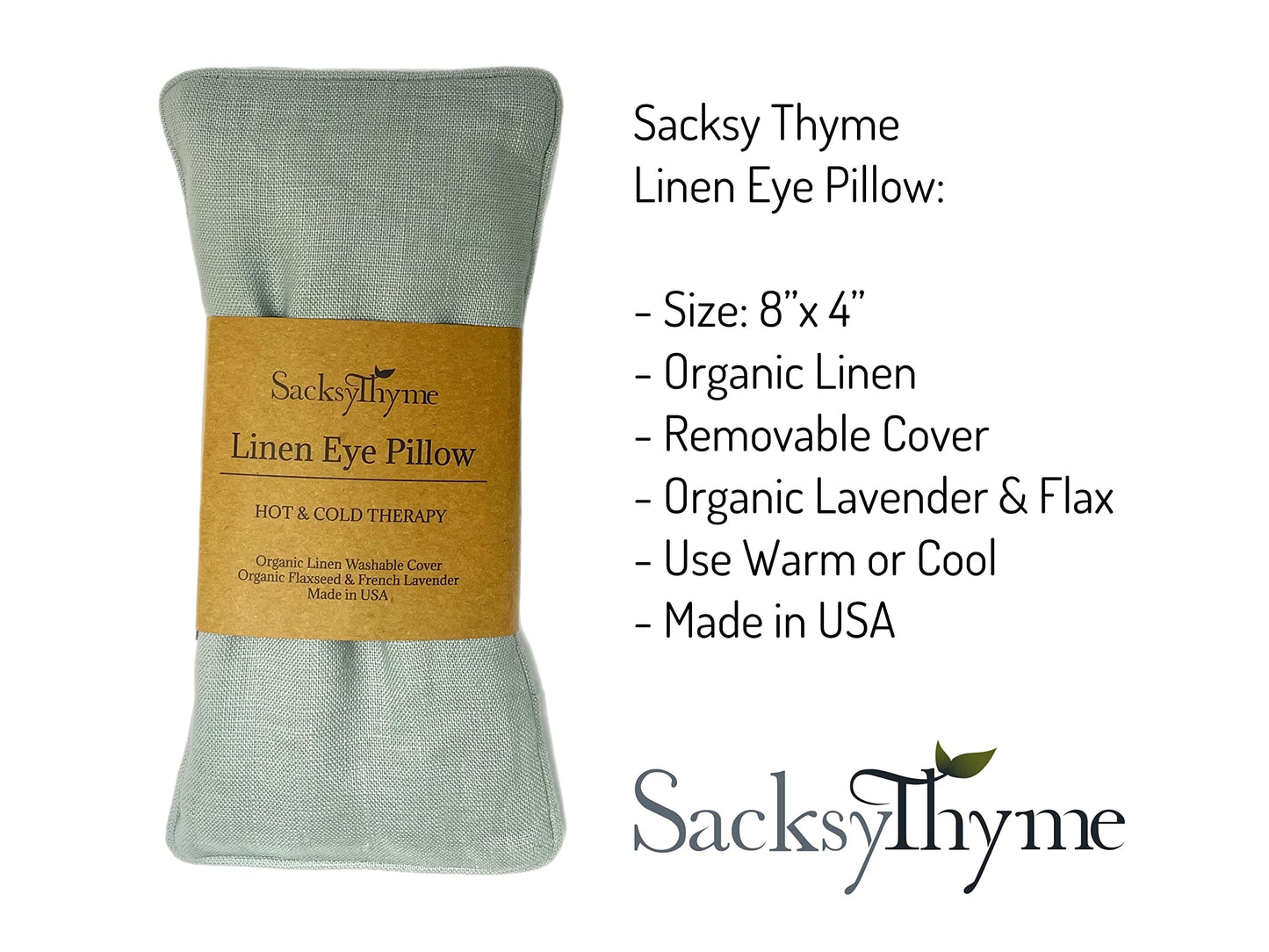 Sacksy Thyme Organic Linen Eye Pillow - Lavender & Flaxseed for Relaxation, Yoga, Stress Relief - Microwavable Heating Pad & Cool Compress - Made in USA - Gifts for Meditation - (Lavender)