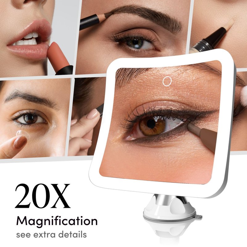 Fancii 20x Magnifying Makeup Mirror with LED Lights, Rechargeable, High Zoom | 7-inch Large Lighted Travel Mirror for Vanity and Bathroom, Dimmable, 3 Light Settings, Strong Suction, 360° Rotation
