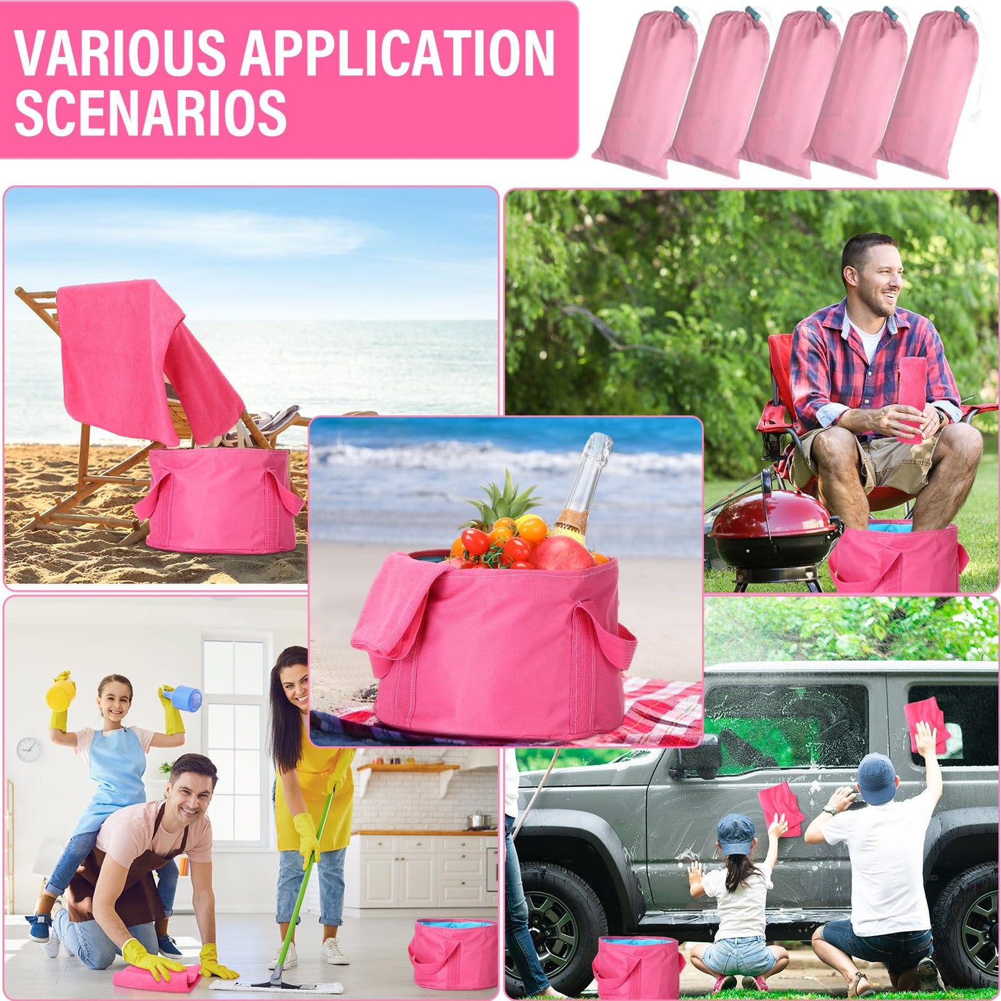 FillTouch 12 Pcs 15L Foldable Foot Soaking Tub Kit Portable Foot Bath Tub Foldable Foot Basin Bath Foot Tub for Soaking Feet with Towel and Storage Bag Soak Spa Bucket for Travel Camping(Rose Red)