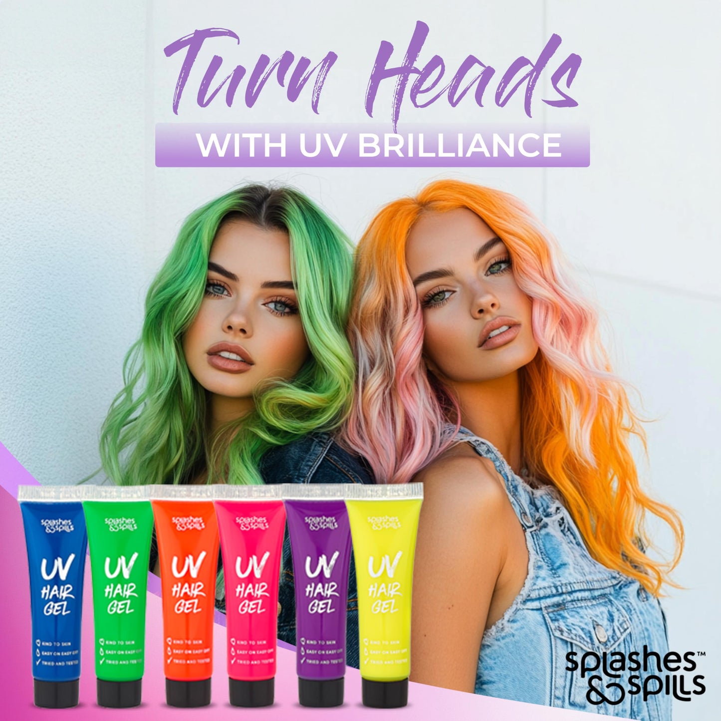 UV Neon Hair Gel Set - 6 Bright Non-Toxic Colors with Black Light Glow for Raves, Parties, Clubs, Halloween Costume - Non-Toxic Temporary Wash Out Color - by Splashes and Spills