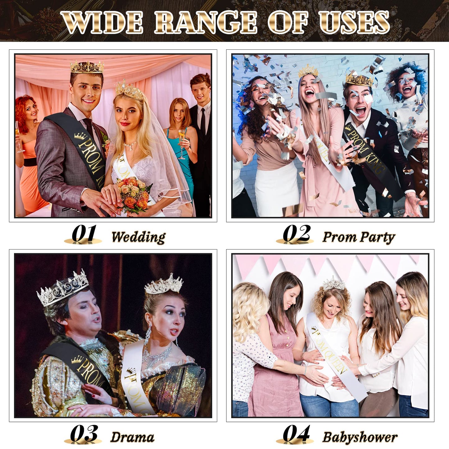 Henoyso 4 Pcs Prom King and Queen Crowns Set Prince Princess Tiara Crystal Headband Crowns for Women Man Graduation Homecoming Wedding Birthday Summer Party(Gold, Silver,Royal Style)