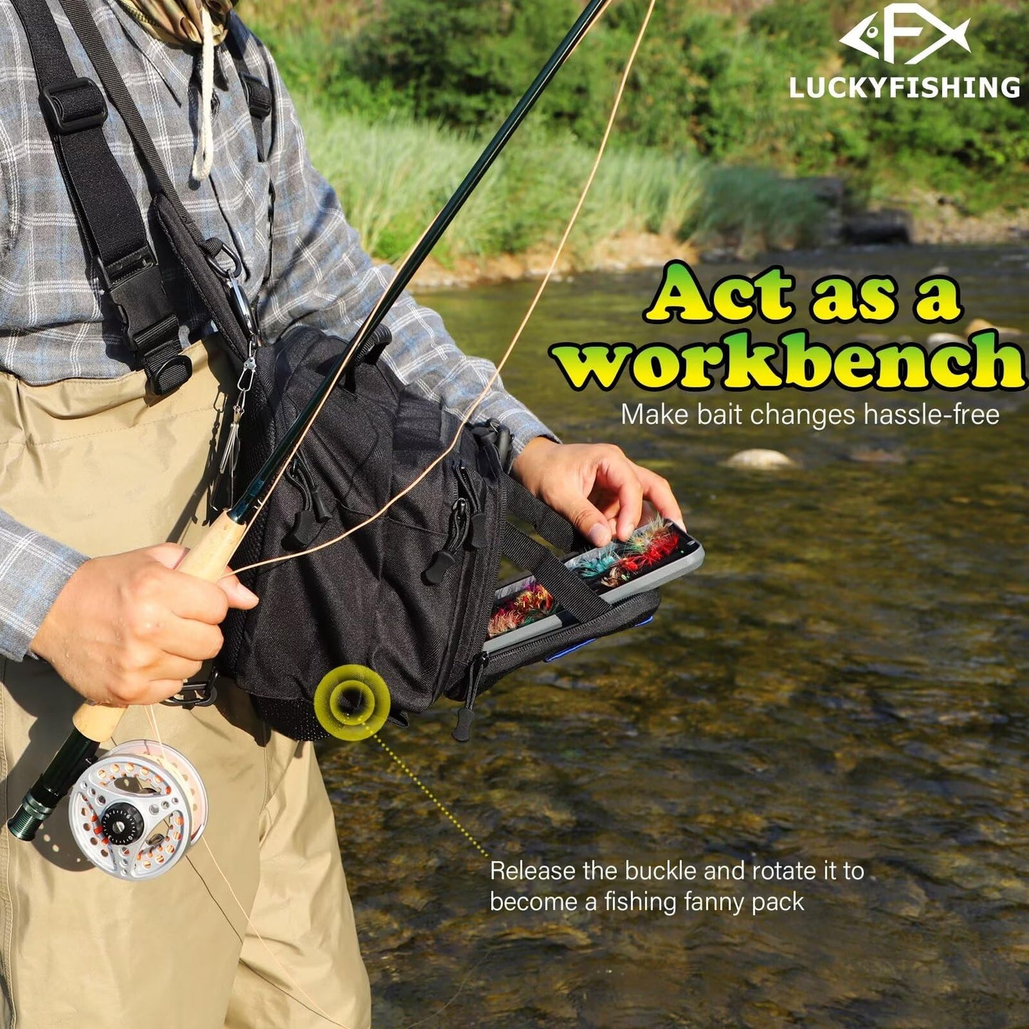 LUCKYFISHING Fishing Backpack - Lightweight Fly Fishing Sling Bag with 6PCS Hook Style DIY Embroidery Patches