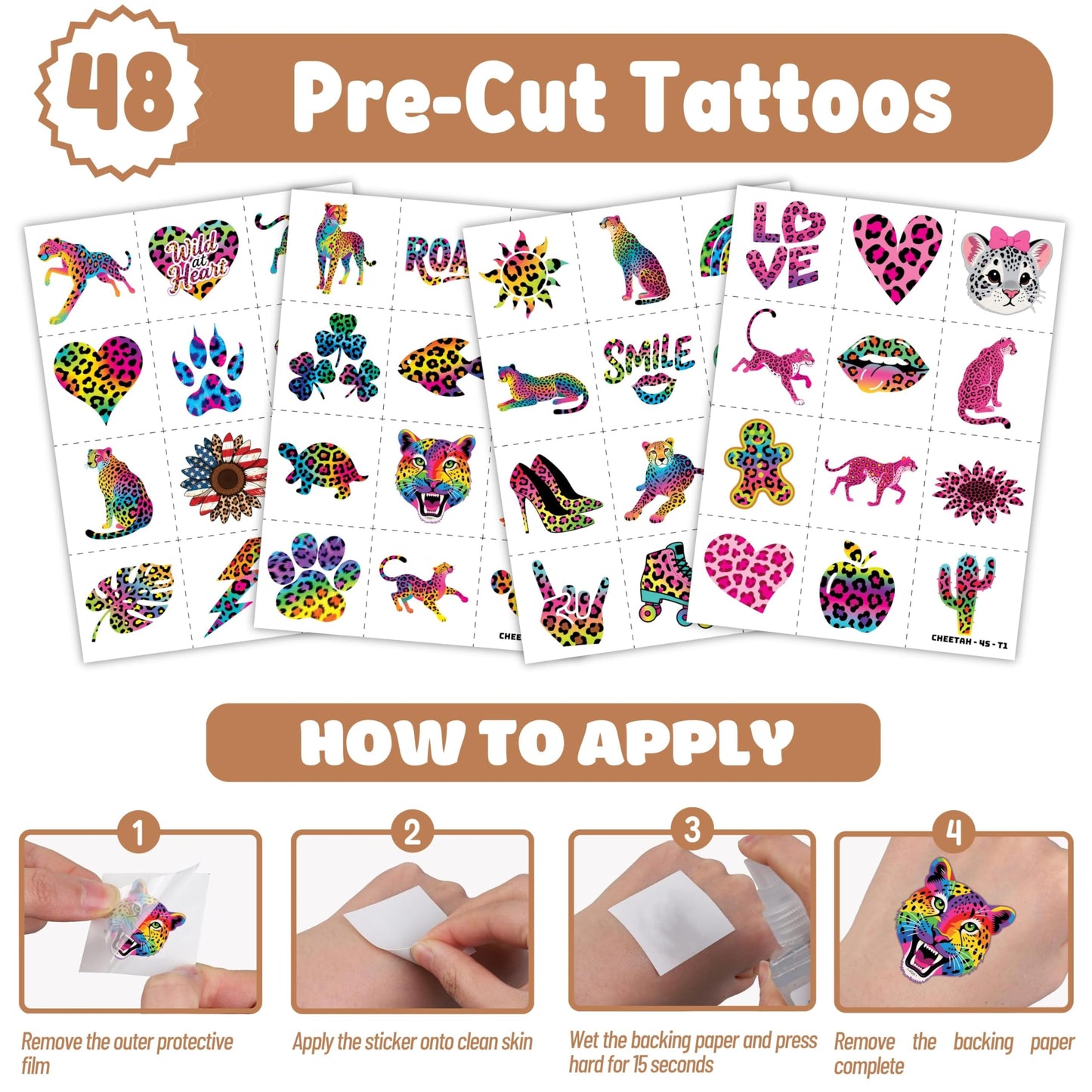 Cherisnowy 72 PCS Cheetah Party Favors 48PCS Tattoos Sticker and 24PCS Slap Bracelets Wristbands Perfect for Themed Birthday Baby Showers or Classroom Rewards Ideal Decor and Gifts for Girls and Boys