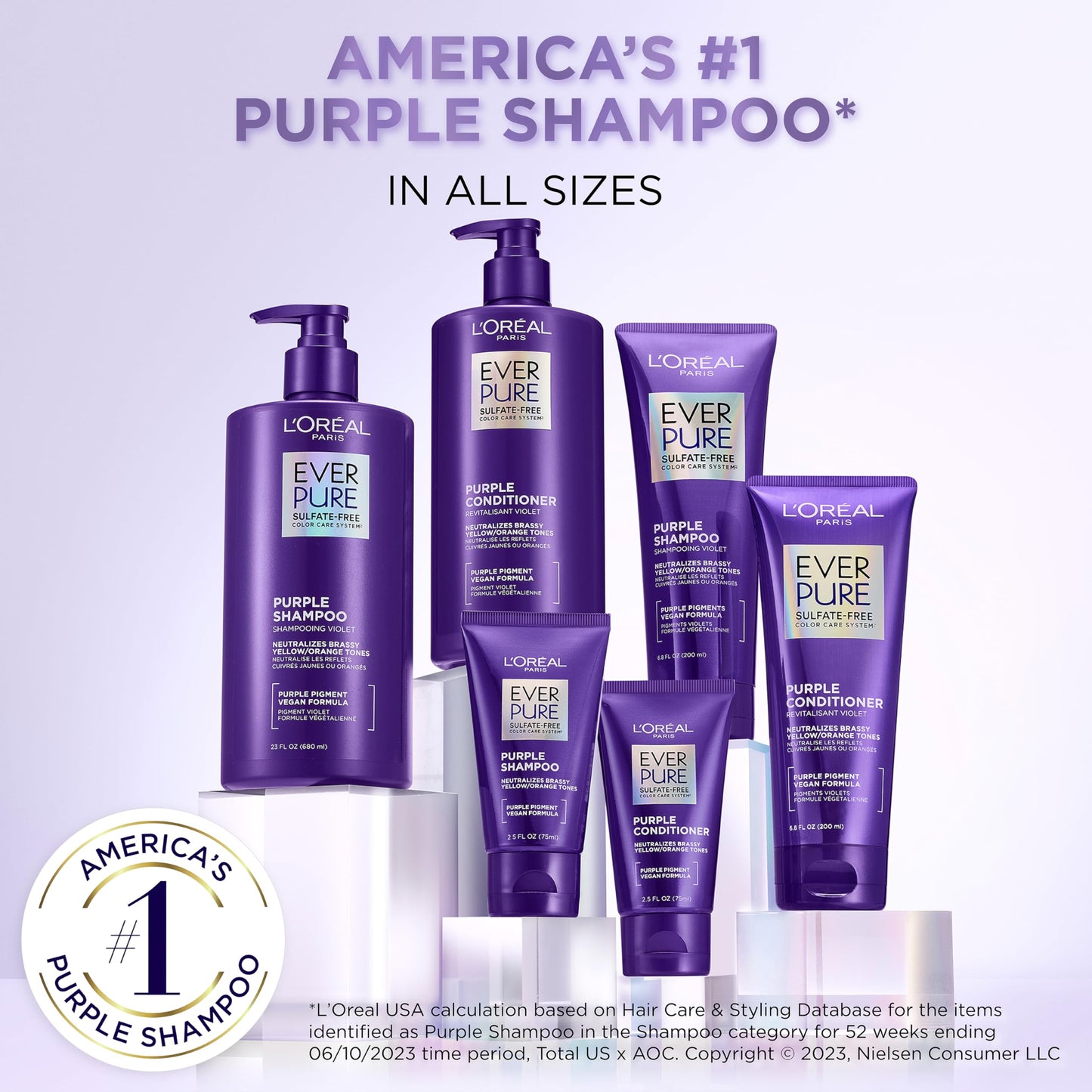 L’Oreal Paris Sulfate Free Brass Toning Purple Shampoo for Blonde, Bleached, Silver, or Brown Highlighted Hair, EverPure, 6.8 Fl Oz (Packaging May Vary)
