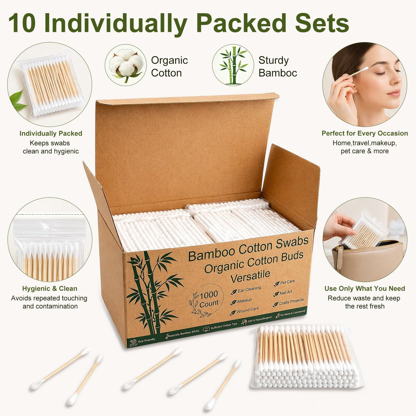 Garrelett 1000 Count Natural Bamboo Cotton Tips, Organic Biodegradable Swab