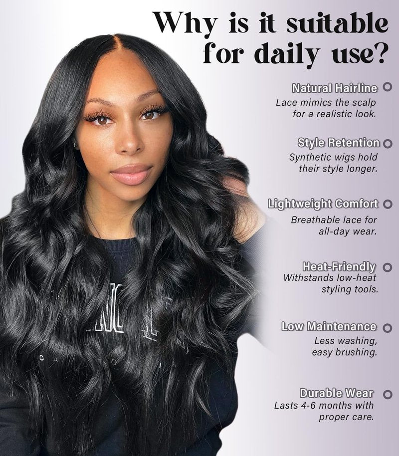 SISICLOUD Black Synthetic Lace Front Wig 13×4 HD Lace Glueless Wigs for Woman Pre Plucked Hairline Long Wave Free Part Wig with Baby Hairs 26 Inches Beginner Friendly