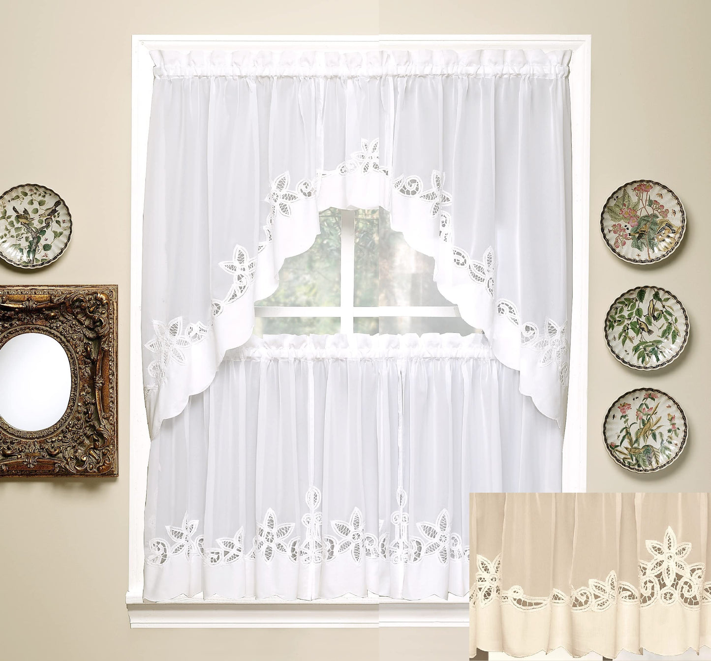 Today's Curtain Plymouth Classic Battenburg Applique Sheer Window Tier, 30-Inch, Ecru