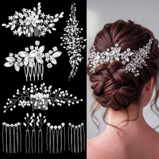Maitys 44 Pieces Wedding Hair Accessories Faux Pearl Crystal Comb Clips U-shaped Flower Rhinestone Silver Pearl Hair Pieces for Prom Bride Bridesmaid(Elegant Style)