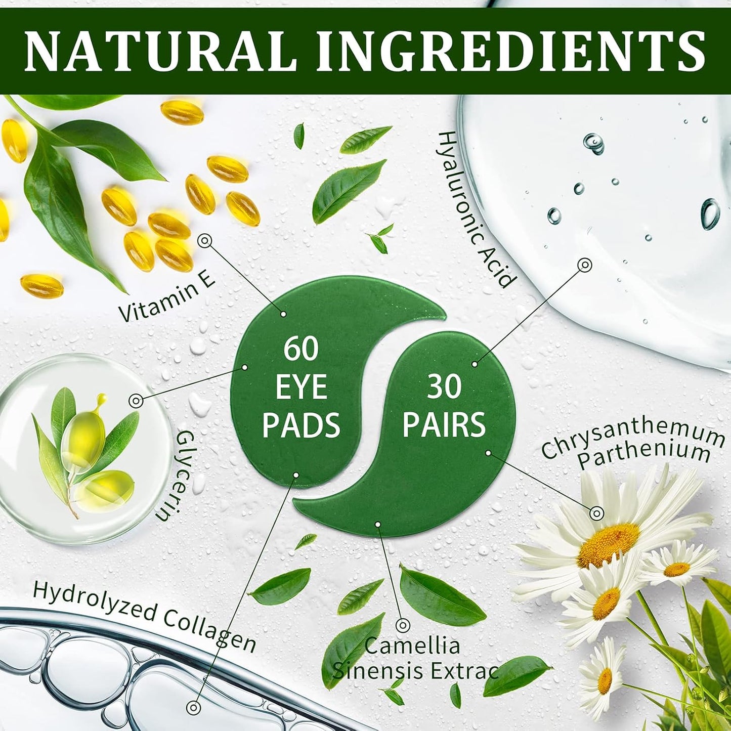 Under Eye Patches - Collagen Eye Masks for Firming & Repair | 30 Pairs Green Tea Treatment for Dark Circles & Puffiness