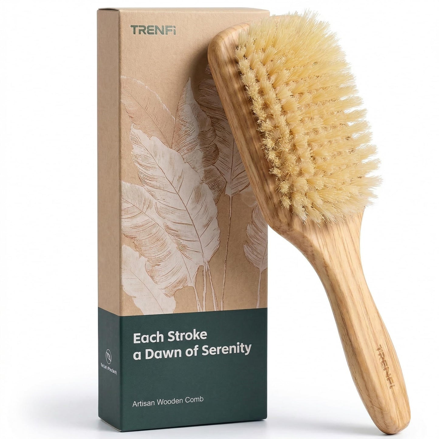TRENFI 100% Boar Bristle Hair Brush - Soft Natural Bristle Wooden Paddle Brush for Fine Thin Hair, Distributes Scalp Oils for Smooth Shine, Solid Red Oak Handle for Women Men