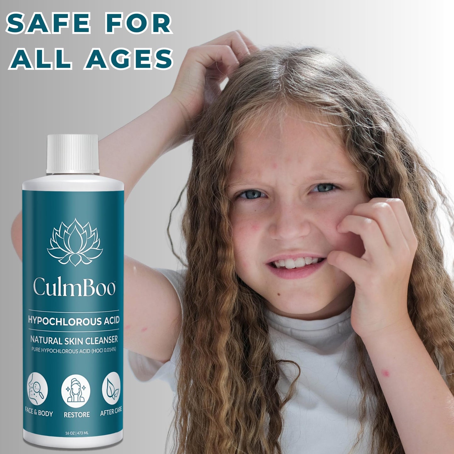 CulmBoo, Hypochlorous Acid Spray for Face & Skin - HOCl, Acne Prone Skin, Eczema, Natural Tattoo Aftercare, Piercing Aftercare Spray, Eye Lash Cleanser, Face Mist Toner, Wound Care Cleanser, 16 Fl Oz