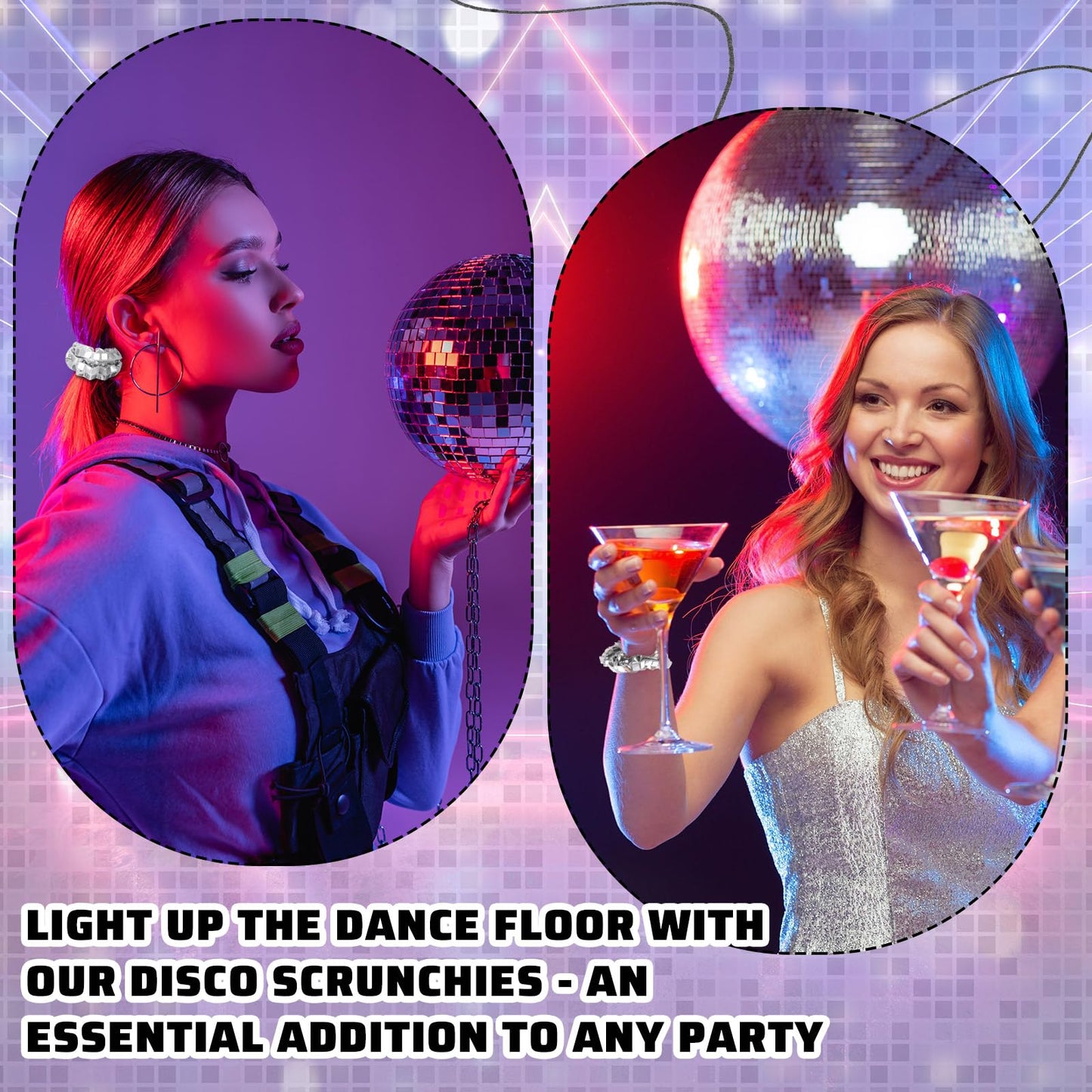Lyrow 24 Pack Disco Ball Party Favors Sequin Bulk Hair Scrunchies Silver Shiny Glitter Sparkle Disco Metallic Accessories for 80s 90s Gift Birthday Western Bridal Shower Bachelorette (Silver)