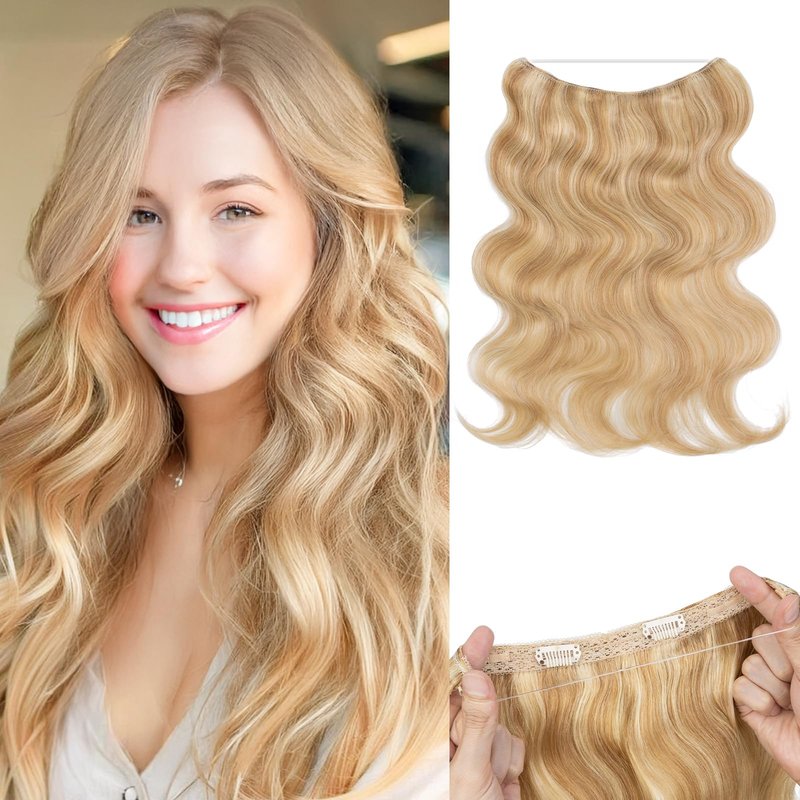 SEGO Pro Halo Hair Extensions Real Human Hair Wavy Invisible Wire Hairpiece Adjustable One Piece With 2 Secure Clips For Women to Add Length,12inch Gold Blonde Mixed Bleach Blonde,55g