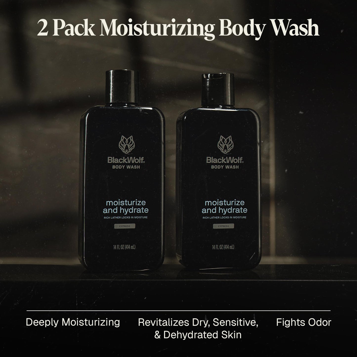 Black Wolf 2-Pack Moisturizing Body Wash Bundle - Mens Hydrating Bodywash for Dry, Dehydrated, & Sensitive Skin - Hyaluronic Acid, Aloe Vera, & Jojoba Oil Body Cleanser Help Remove Oil & Dirt