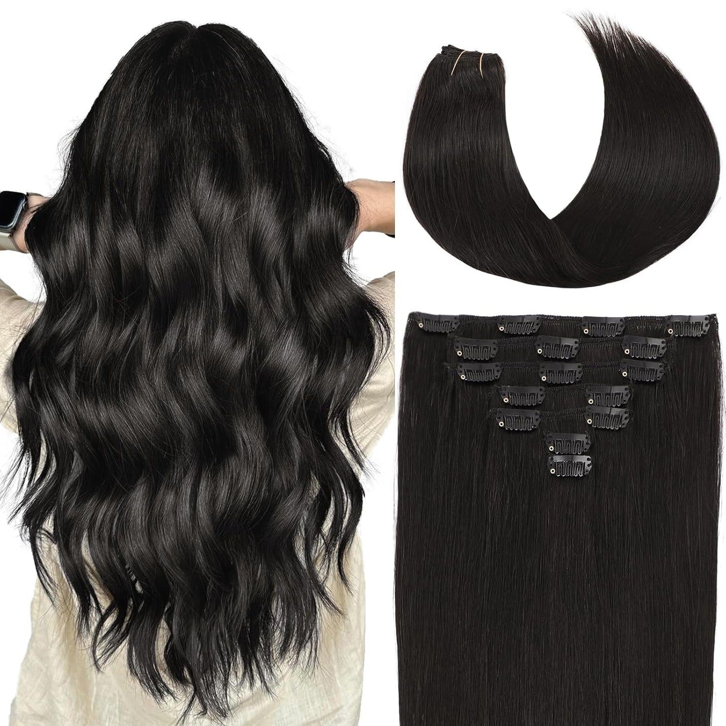 Clip in Hair Extensions Real Human Hair 18 Inch 110g Invisible Seamless Human Hair Clip in Extensions for Women 7pcs Per Set with Double Weft 1B Natural Color