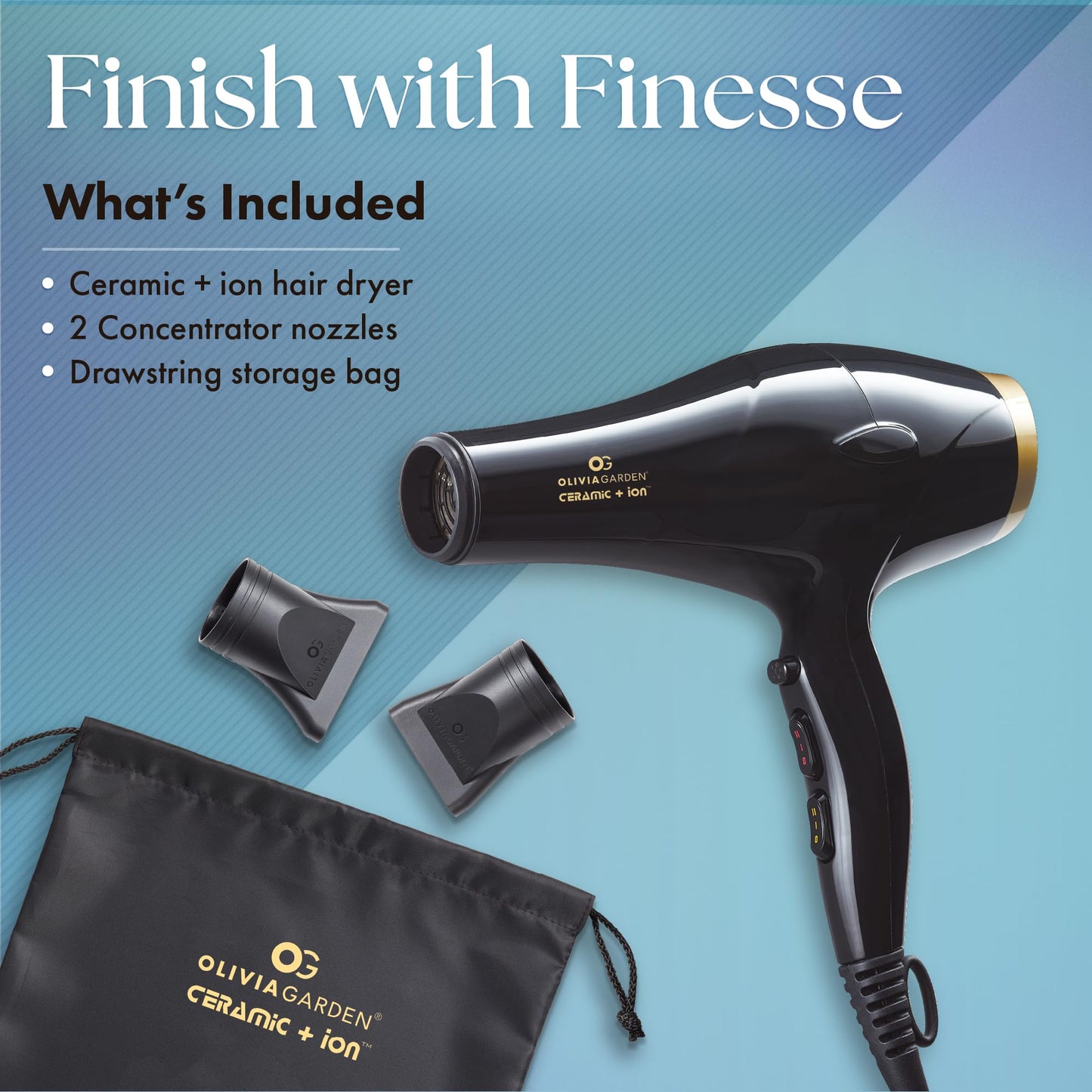 Olivia Garden 1875W Ceramic + Ion Professional Hair Dryer for Men and Women - Fast Drying Blow Dryer - Powerful Ionic Generator - 3 Heat Settings - with 2 Nozzles and Storage Bag - (Black/Gold)