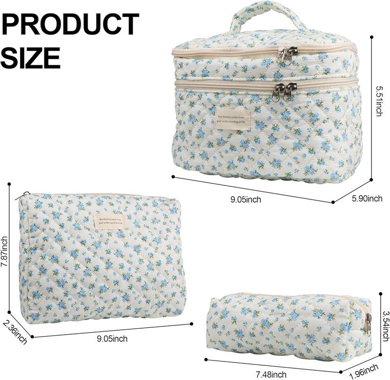 Quilted Floral Makeup Bag Set for Women - Dual Layer Travel Cosmetic Organizer | Blue Rose (3 Pcs)