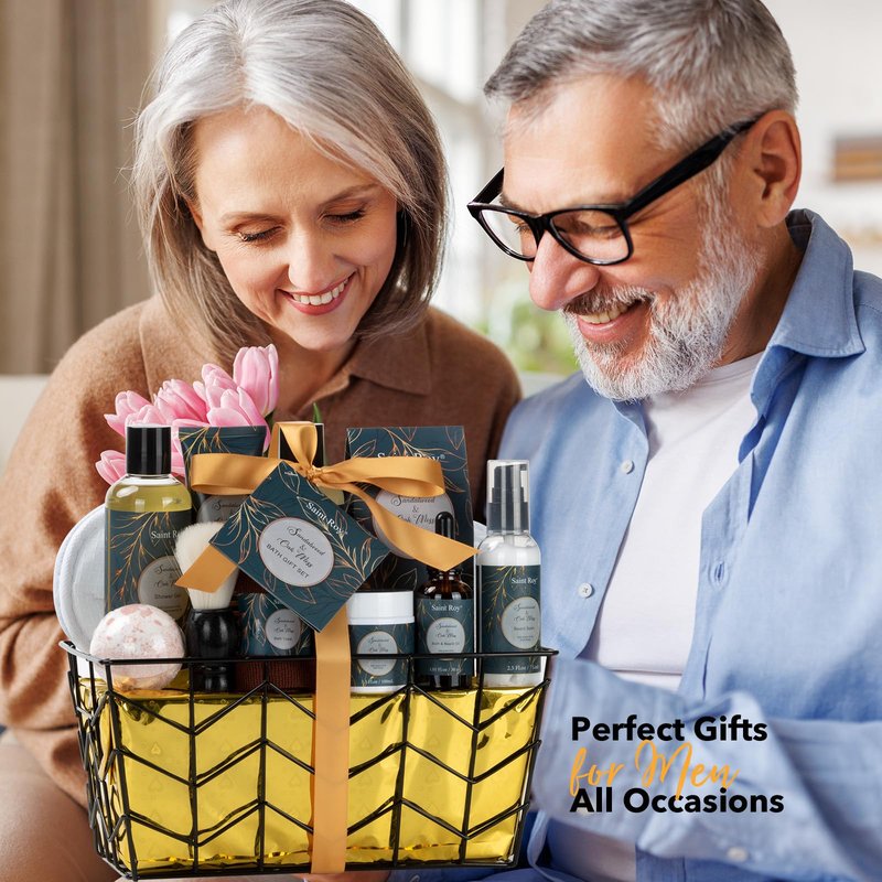 Fathers day gift baskets Birthday Day Gifts for Him Spa Gift Basket for Men, Body Wash, 13pcs Sandalwood Oak Moss Bath and Beard Kit for Men with Beard Brush, Christmas Gifts Spa Kits for Man dad