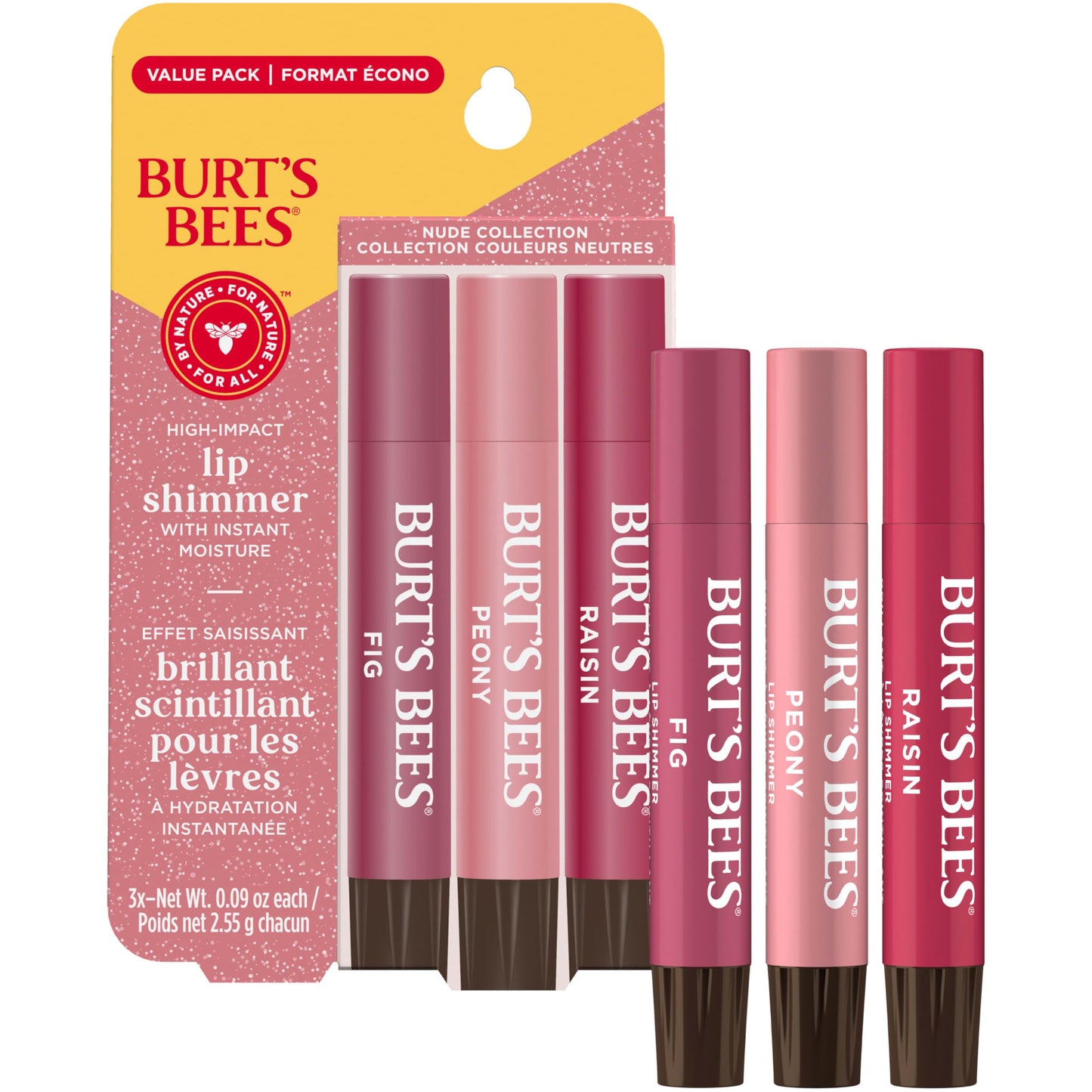 Burt's Bees Lip Shimmer Nude Collection, Tinted Lip Balm Stick, Moisturizing for All Day Hydration with Natural Glowy Pigmented Finish & Buildable Color, 3 Warm Shades, Value Pack, 0.09 oz., Three Tubes