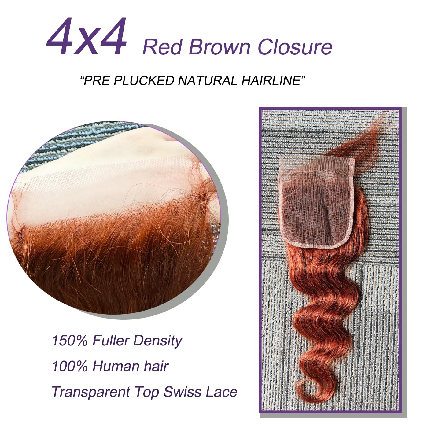 Reddish Brown Body Wave Closure 4x4 HD Transparent Swiss Lace 12a 100% Unprocessed Brazilian Virgin Remy Human Hair 150% Density Free Part Pre Plucked With Baby Hair Color #33 16 Inch