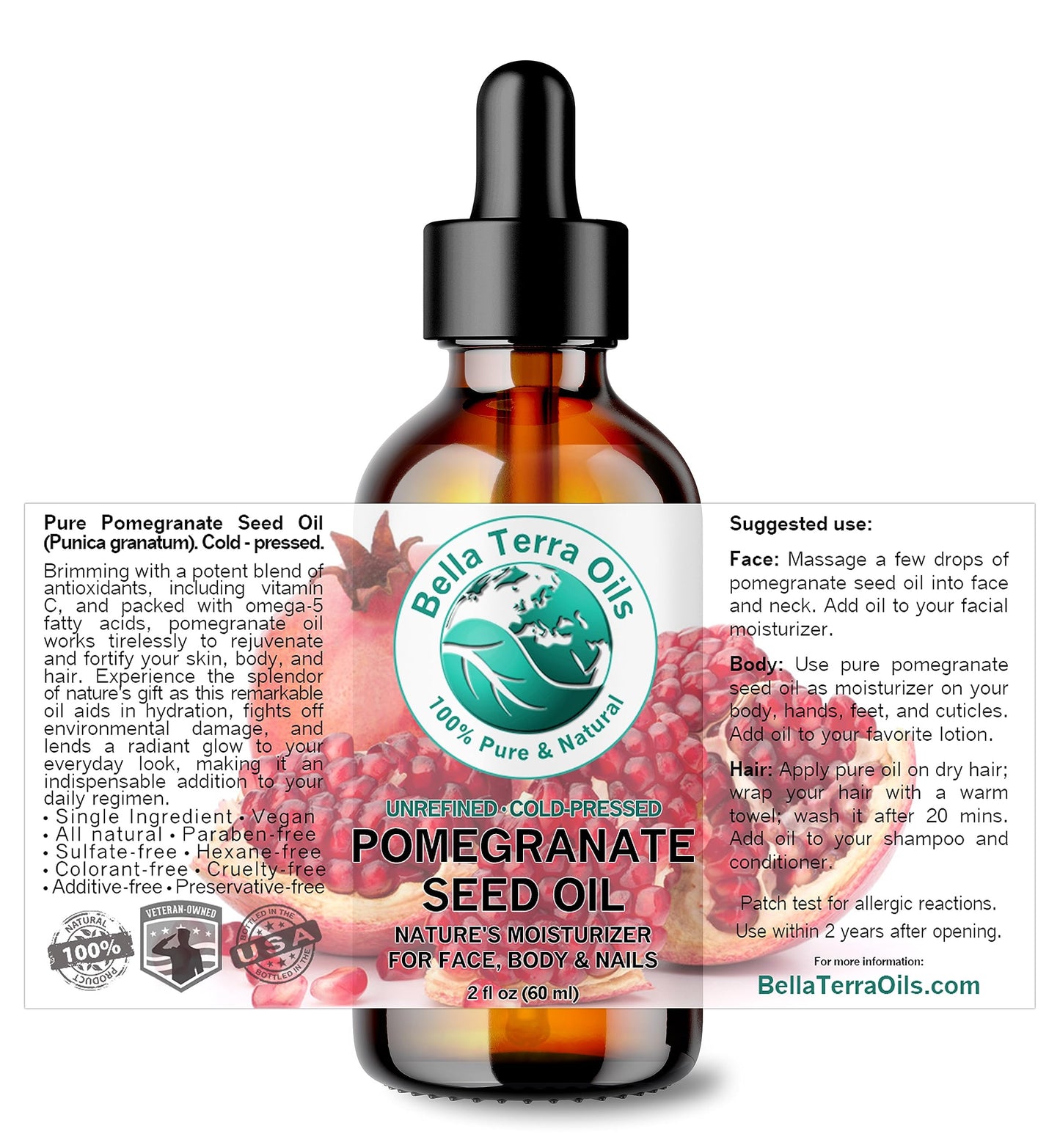 Bella Terra Oils - Organic Pomegranate Seed Oil 16 oz - Revel in the Essence of Punicic Acid & Ellagic Acid, Nature’s Gift for Radiant & Nourished Skin
