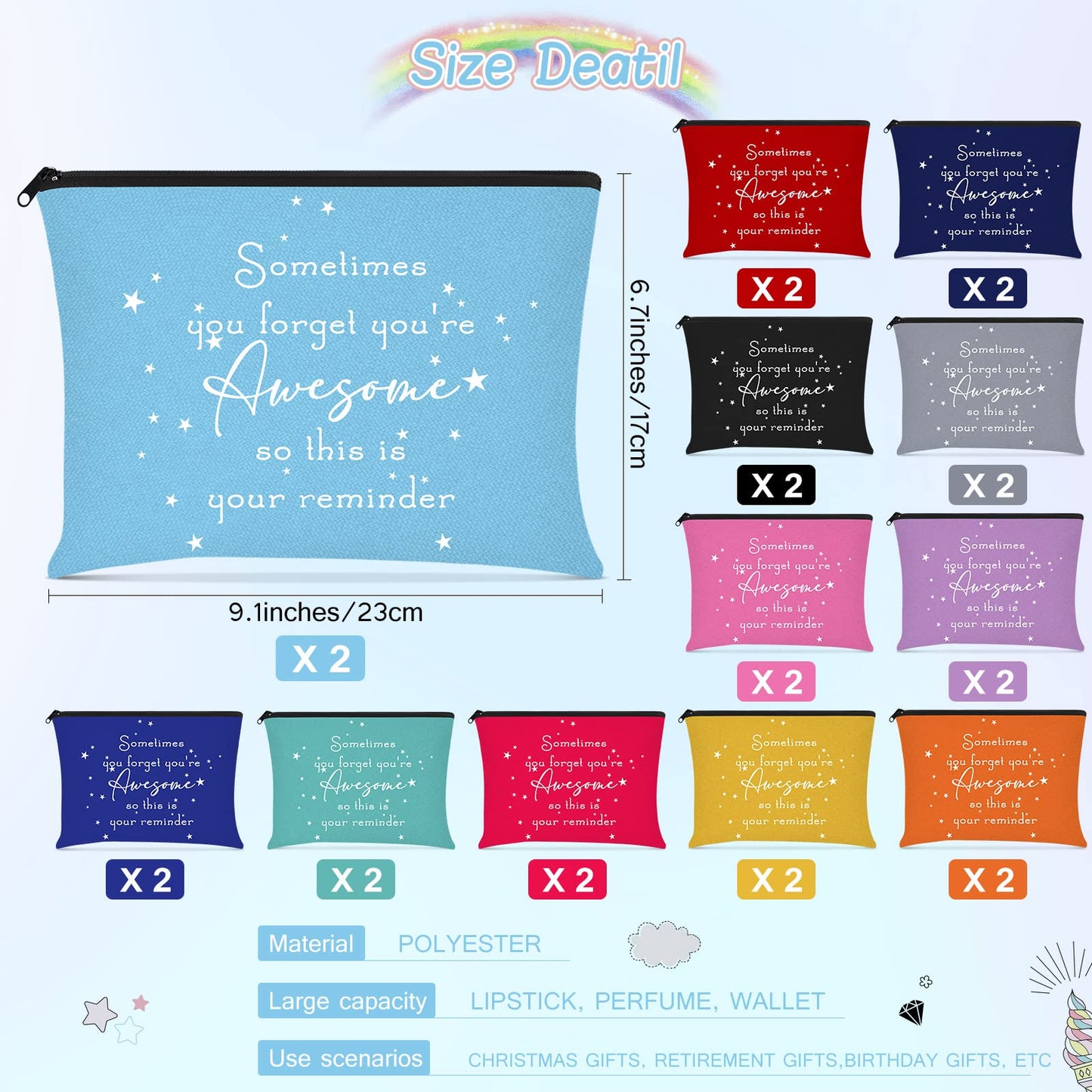 Sieral 24 Pcs Inspirational Makeup Bag Employee Appreciation Gift for Women Nurse Pencil Pouch You're Awesome Cosmetic Bag Motivational Gift for Her Teacher(Bright Color)