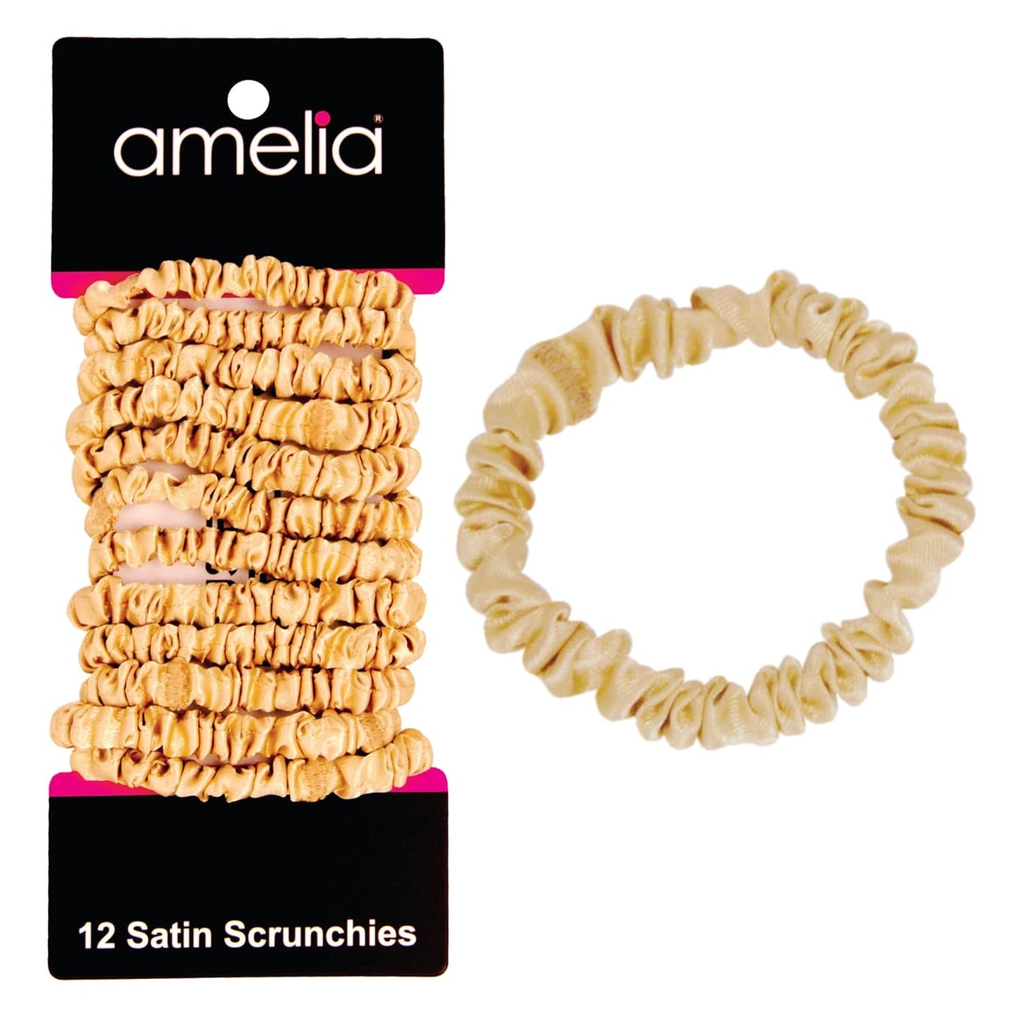 Amelia Beauty, Black, Skinny Satin Scrunchies, 12 Pack – 2in Diameter, Gentle & Strong Hold, No-Snag, No-Dent, Crease-Free Hair Ties