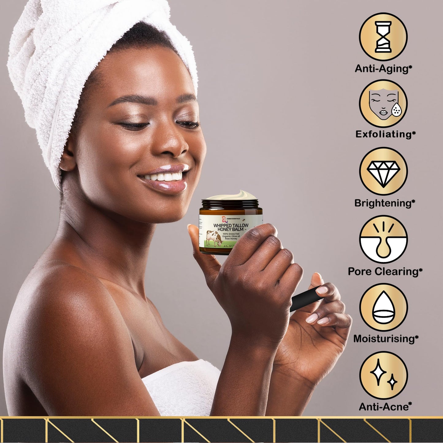 AMBER ESSENTIALS Organic Grass-Fed Beef Tallow and Honey Balm | All-Natural Moisturizer with Raw Honey & Olive Oil | Face + Body Cream for Dry, Sensitive Skin, Anti-Aging, Cracks, Acne-Prone Skin 4oz