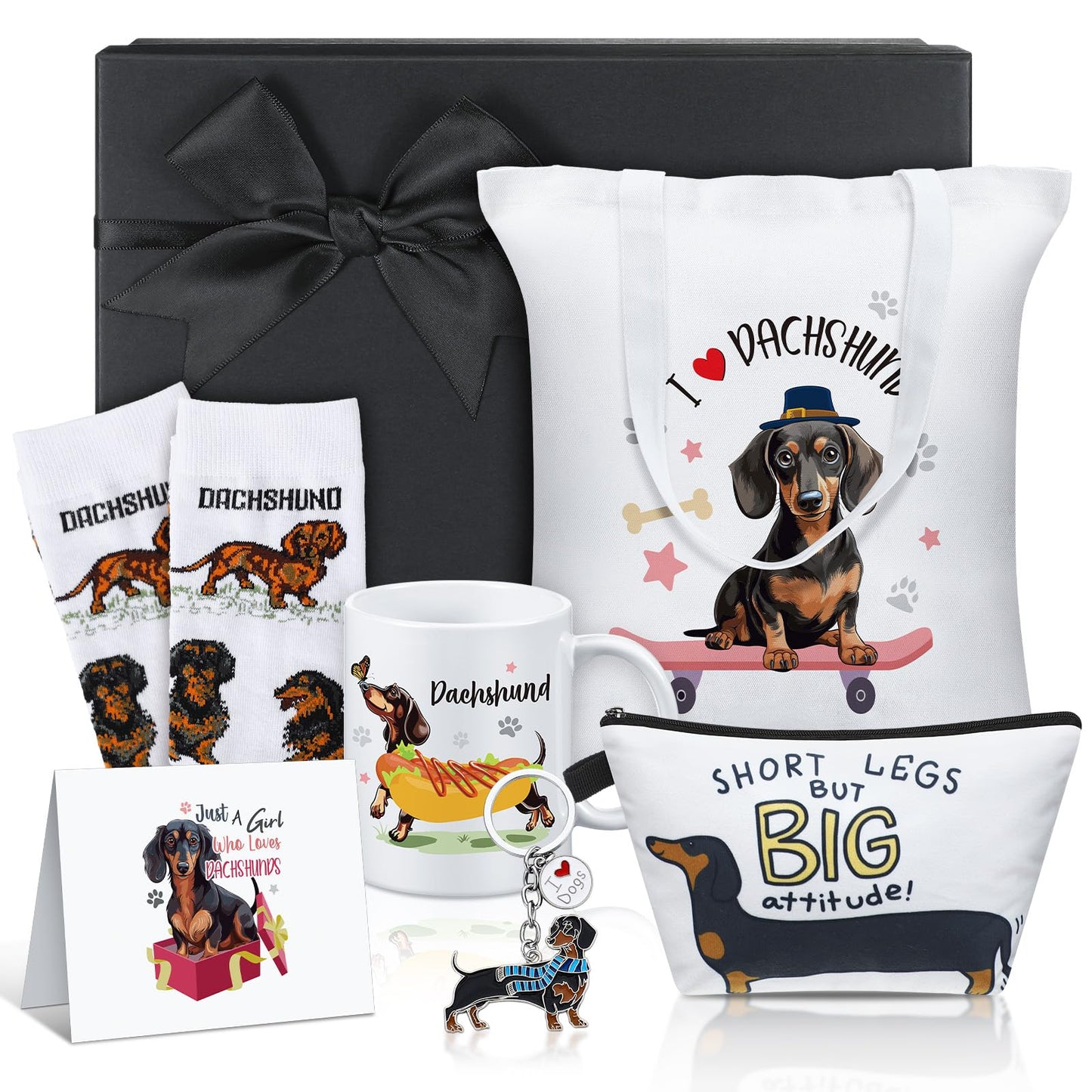 Didaey 7 Pcs Christmas Dachshund Gift Sets for Women Include Weiner Dog Keychain Cosmetic Bag Socks Mug Tote Bag Cards with Gift Box for Christmas Dachshund Lovers Gifts