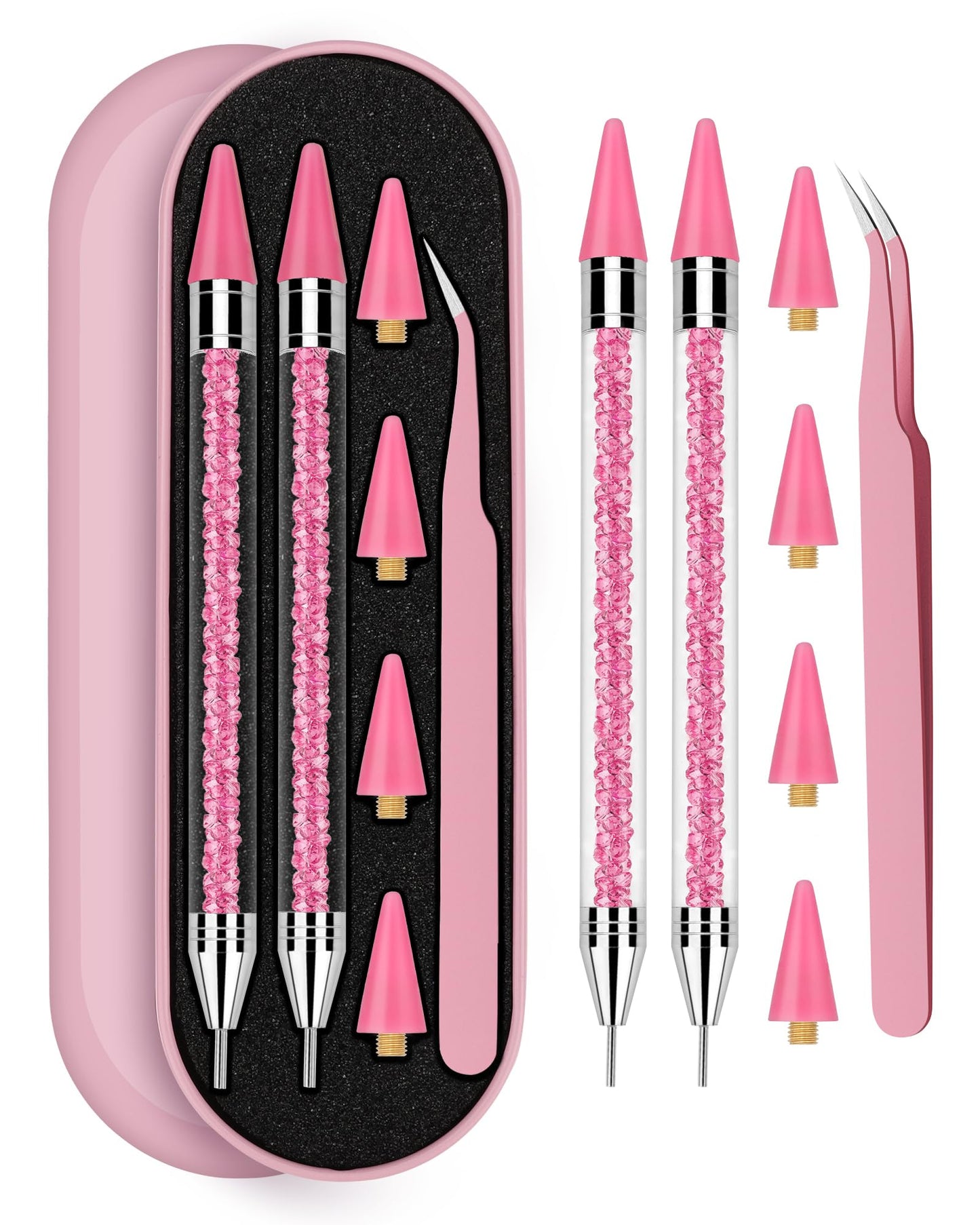 Rhinestone Picker Tool, Wax Pencil for Rhinestones Tool, Dual-ended Nail Bedazzling Tools With 4 Extra Pink Replaceable Wax Head and 1 Tweezer (Pink B)