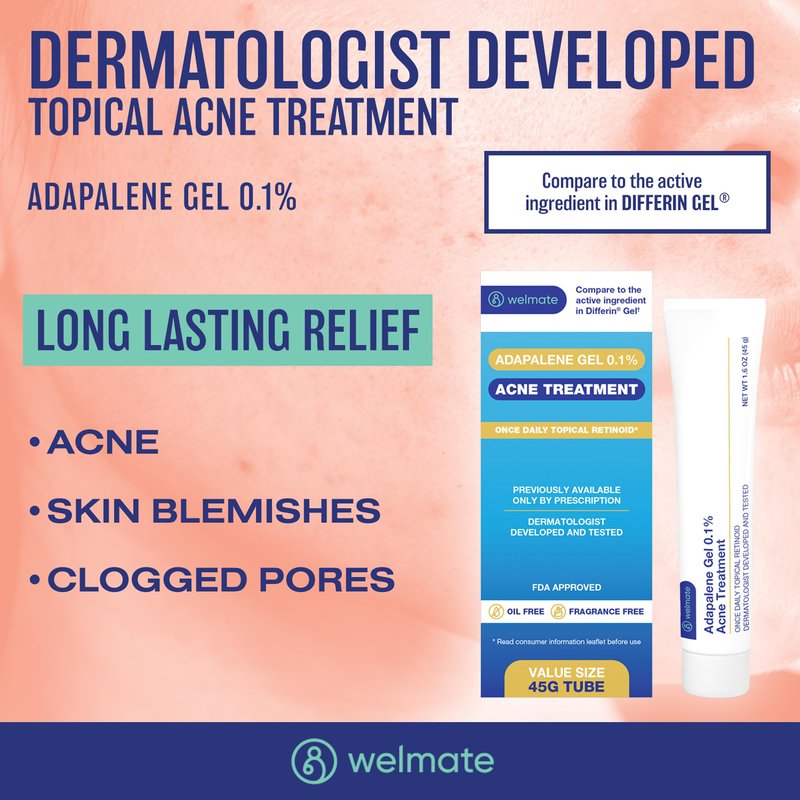WELMATE Adapalene Gel 0.1% Acne Treatment, 2 Pack (180 Day Supply) - Topical Retinoid for Face, Helps Clear Blackheads & Pimples, Once Daily, Oil Free, Fragrance Free, 1.6 oz/Pack