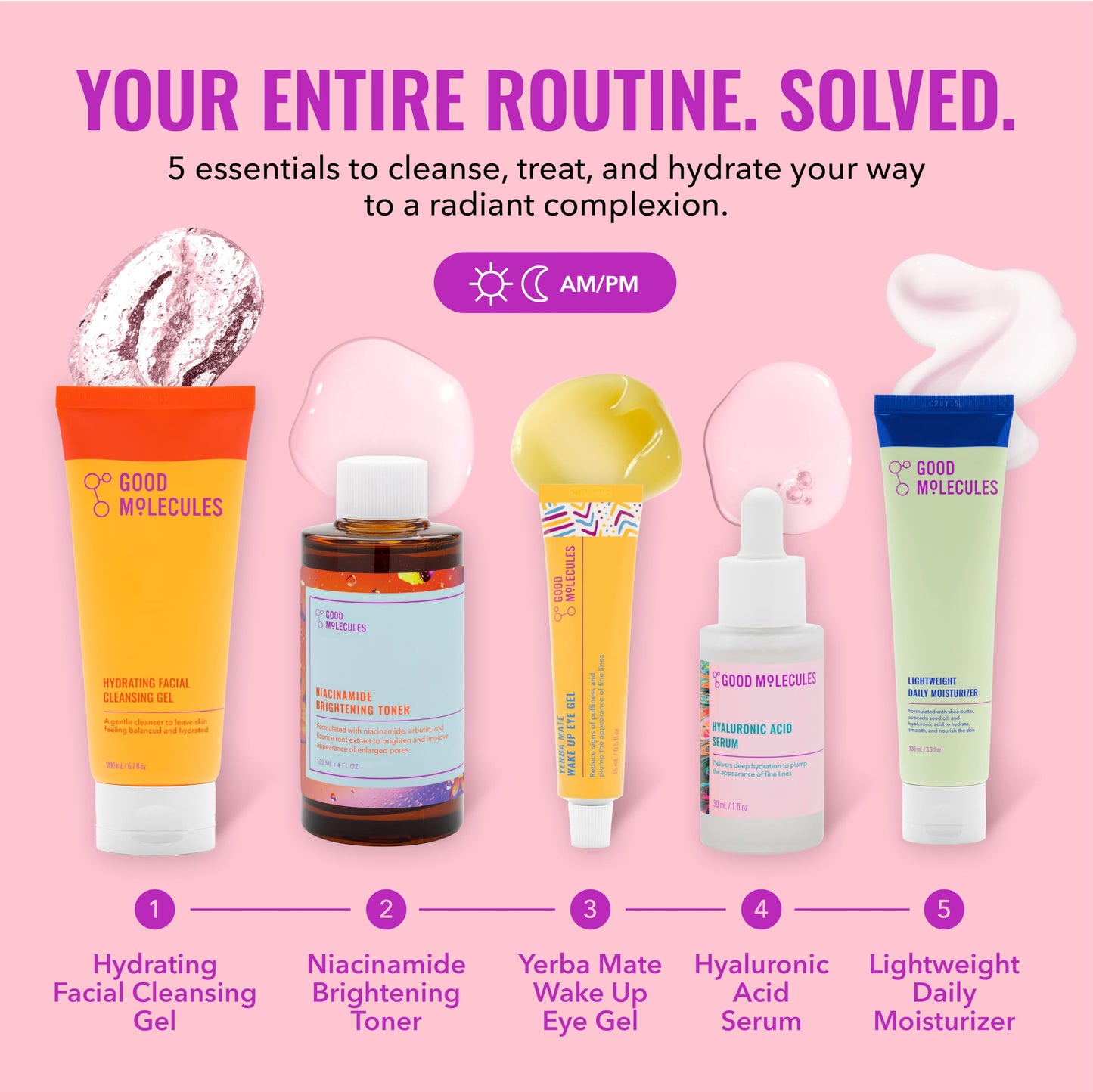 Good Molecules Daily Skincare Routine Set with Hydrating Cleanser, Niacinamide Toner, Hyaluronic Acid Serum, Moisturizer, Eye Gel, 5 Pieces