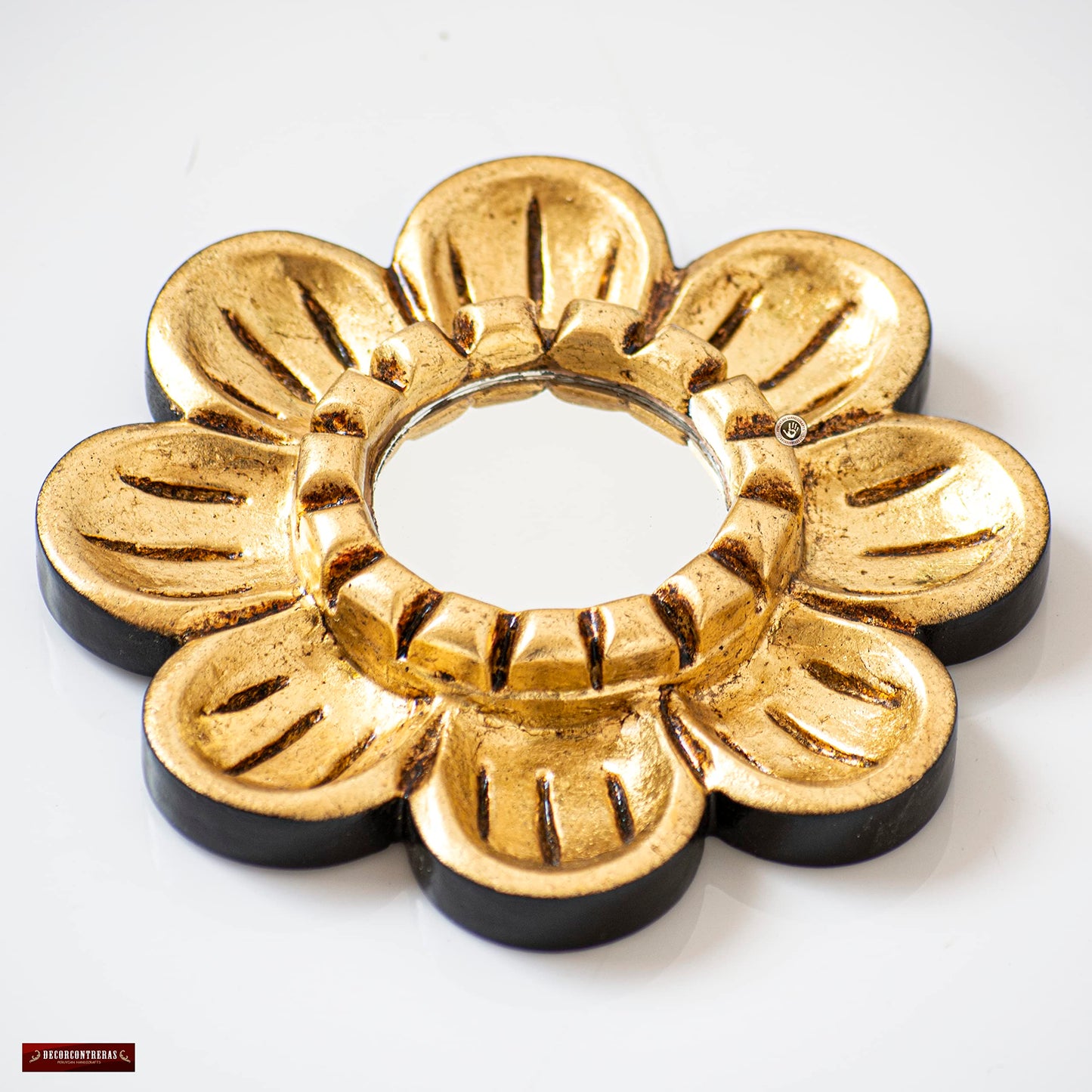 DecorContreras Peruvian Gilded Bronze Leaf Round Mirror 6”- Luxury Hand-Carved Wood Flower Wall Art - Small Space Art