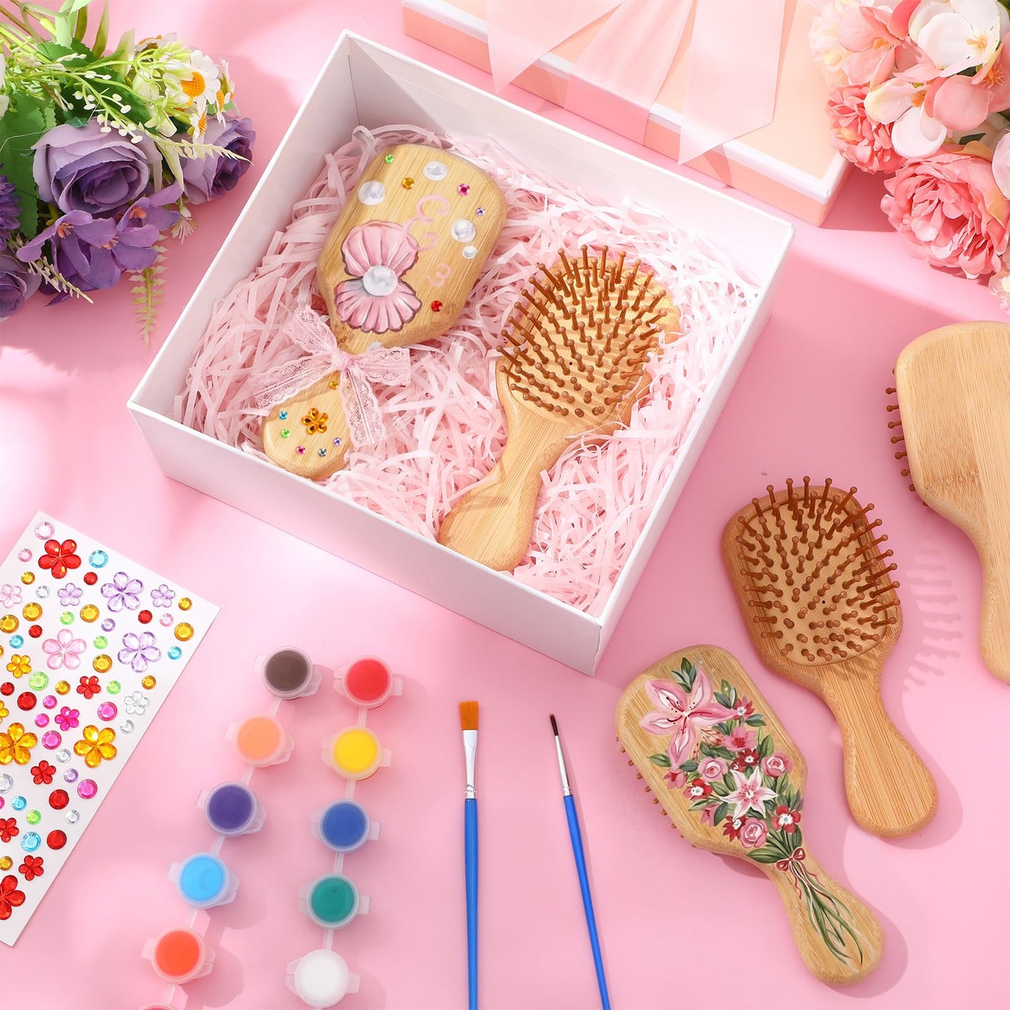 Weysat 18 Set DIY Wooden Hairbrush Painting Kits Paint Your Own Hair Brush with Paint Brush Sticker Mini Travel Detangling Hairbrush for Wedding Bridal Showers Girlfriends Night Gifts(Classic)