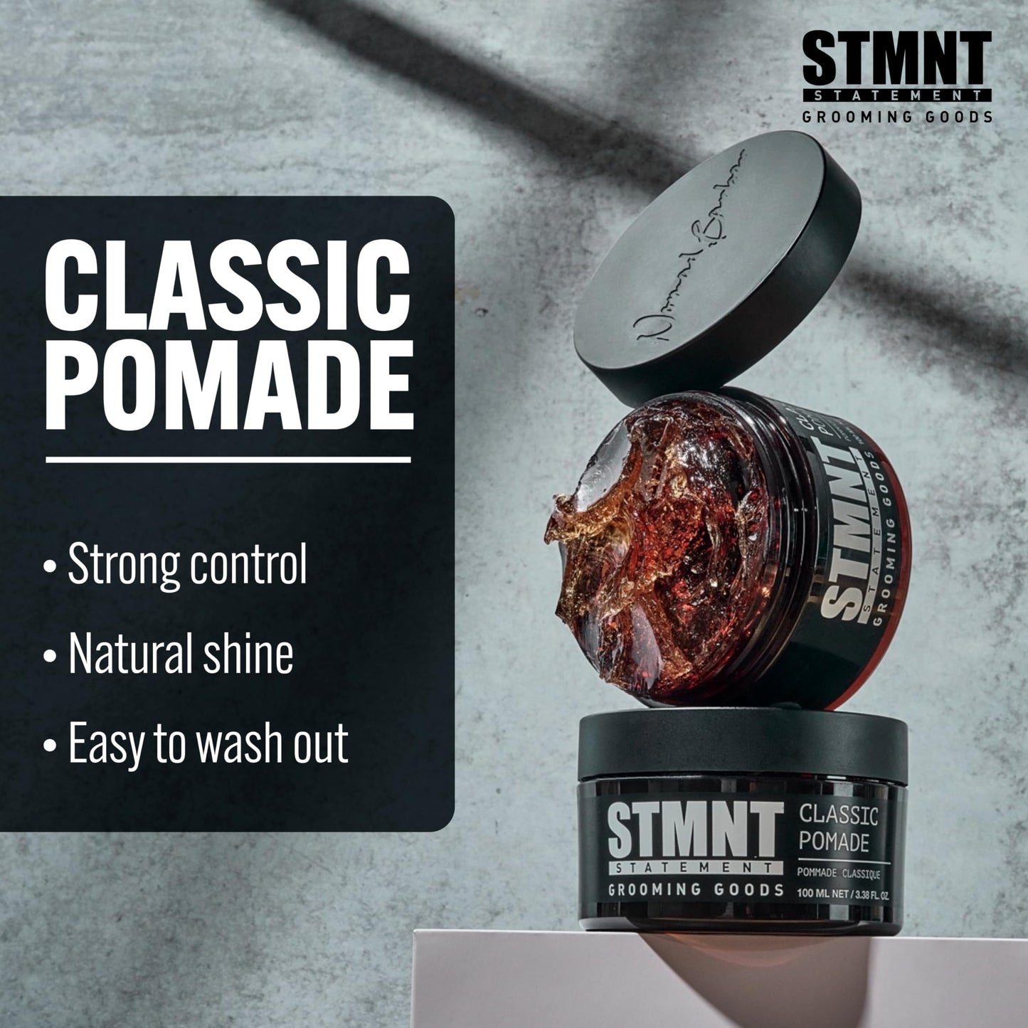 STMNT Grooming Goods Classic Pomade, 3.38 oz | Natural Shine | Strong Control | Easy to Wash Out