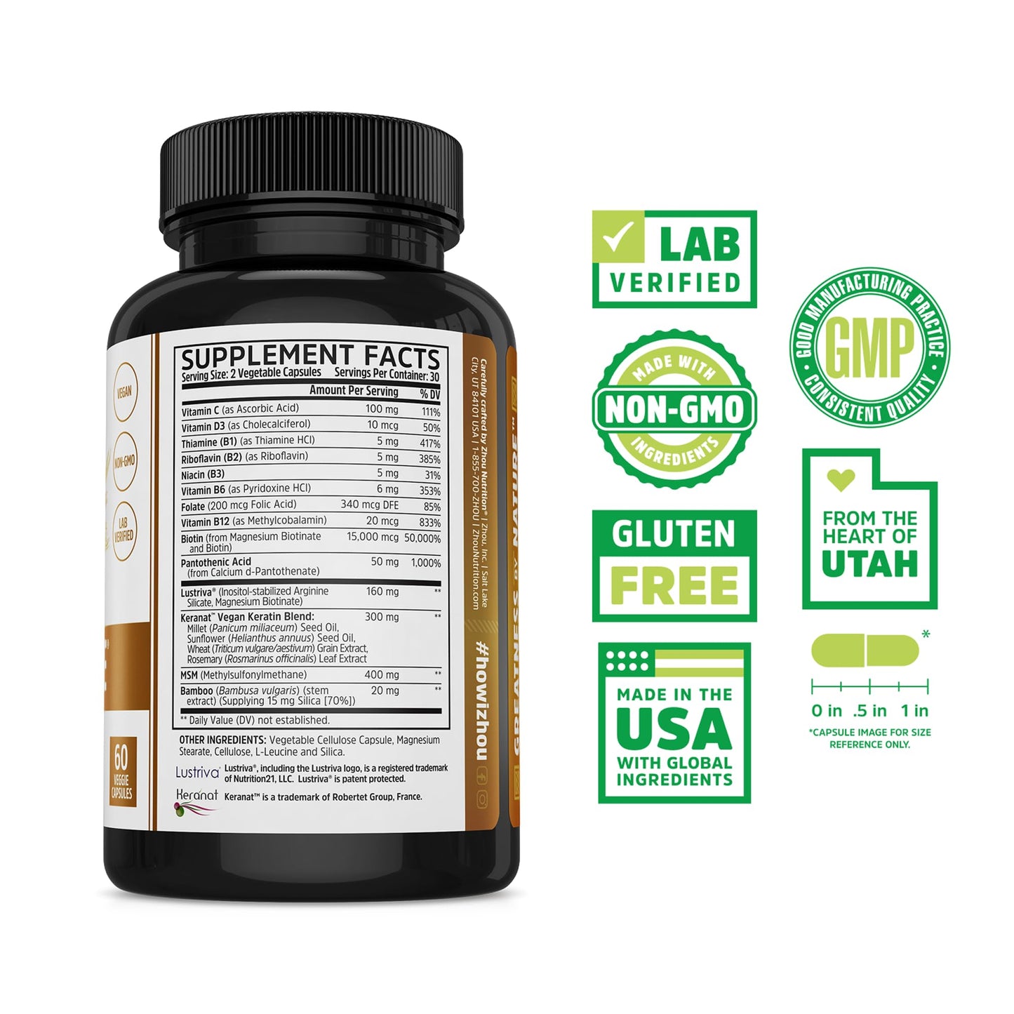 Zhou Hairfluence - Vegan Biotin Supplement for Hair Growth for Men & Women, Supports Stronger, Healthier Hair, Nails, & Glowing Skin with Lustriva & B Vitamin Complex - 60 Veggie Capsules (Pack of 1)