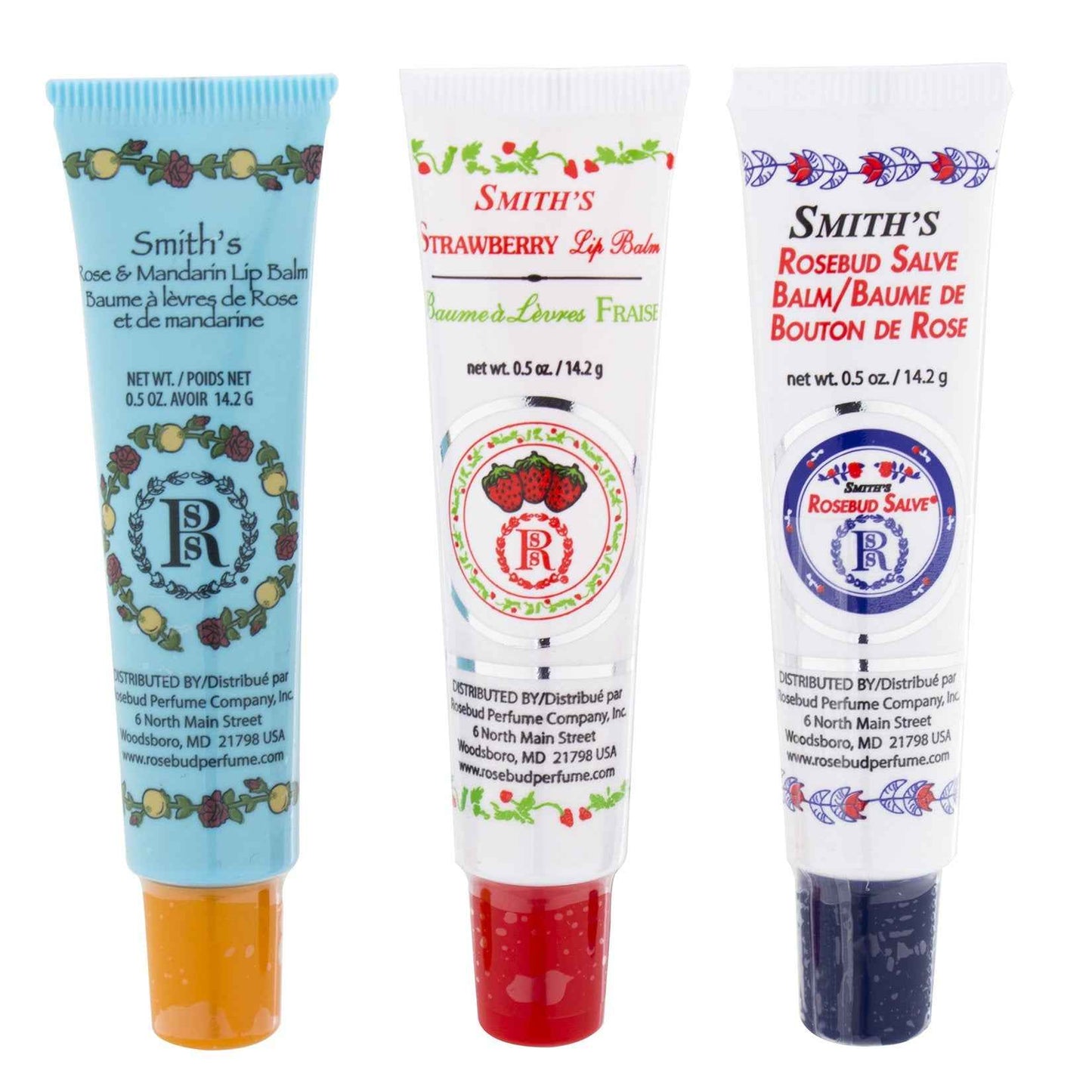 Rosebud Perfume Co. Tube 3 Pack: Smith's Rosebud Salve + Rosebud Lip Balm (Rose & Strawberry & Mandarin)
