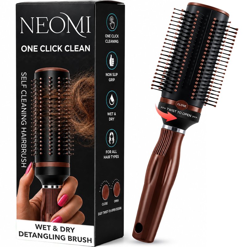 Shop LC Brown Self-Cleaning Hair Brush for Women | Retractable Bristle Detangler | Round Brush for Blow Out | Curly Straight Thick Hair | Compact Travel