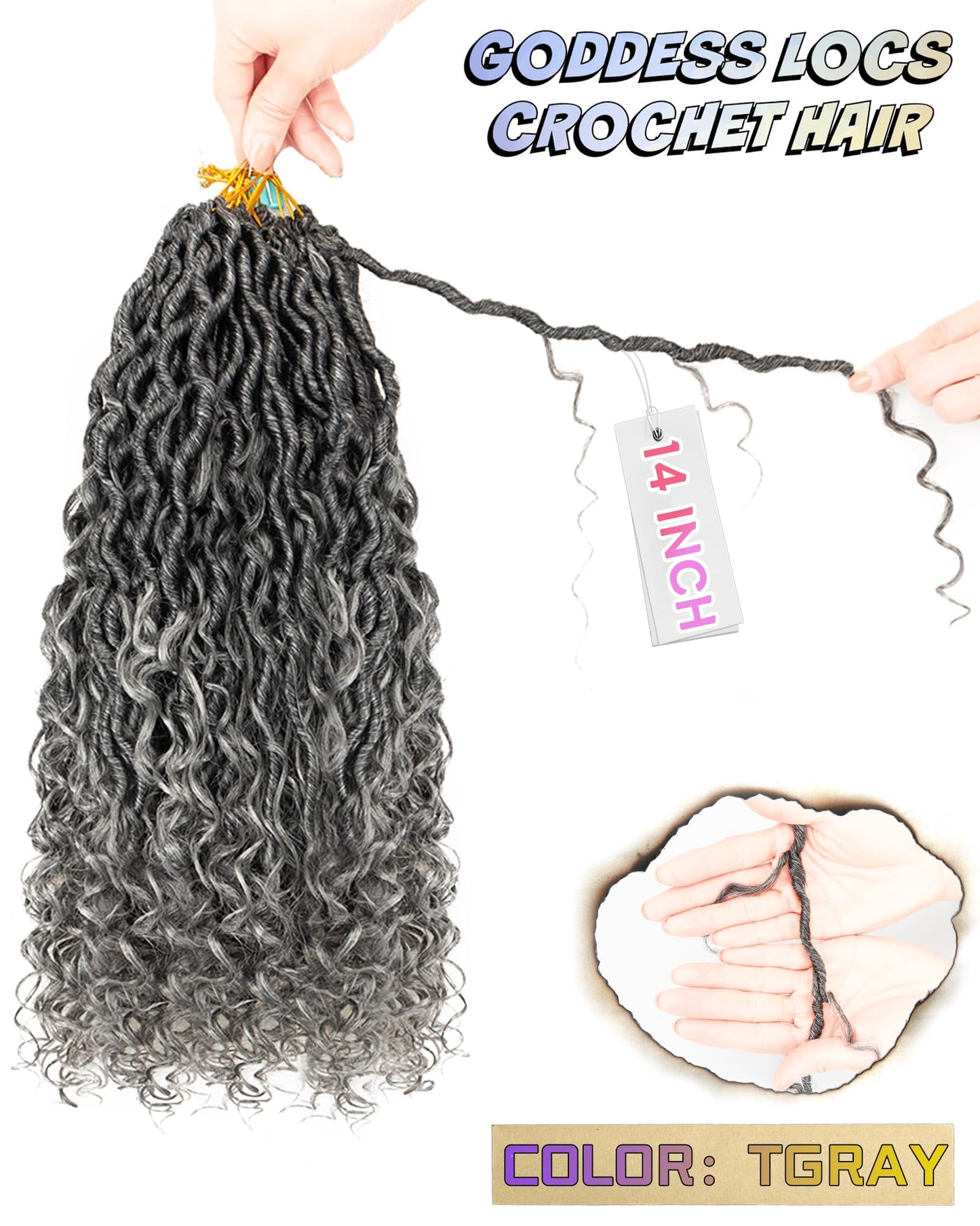 Goddess Locs Crochet Hair for Black Women,Salt and Pepper Pre Looped Faux Locs Crochet Hair with Curly Ends,Soft Synthetic Bohemian River Locs,14 Inch 8 Packs (TGray)