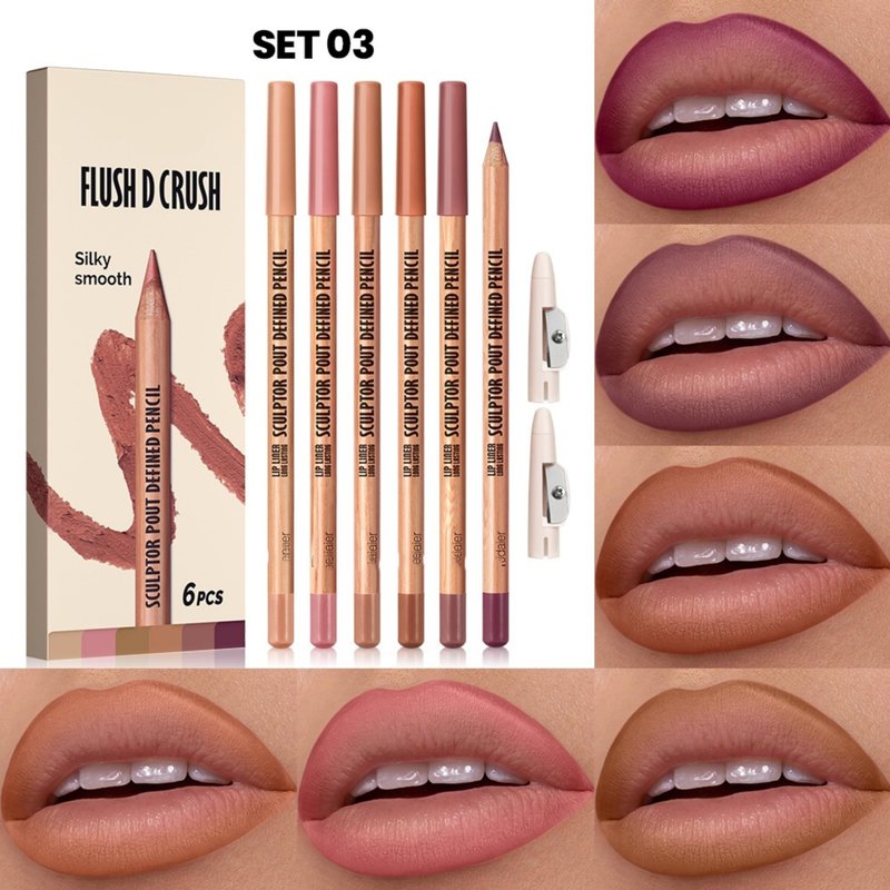 MAEPEOR Lip Liner Set 6Pcs Pure Natural Oak Brown Pink Red Series Lip Liners Smooth High Pigmented Matte Finish Lipliner Pen Kit (Set 03)