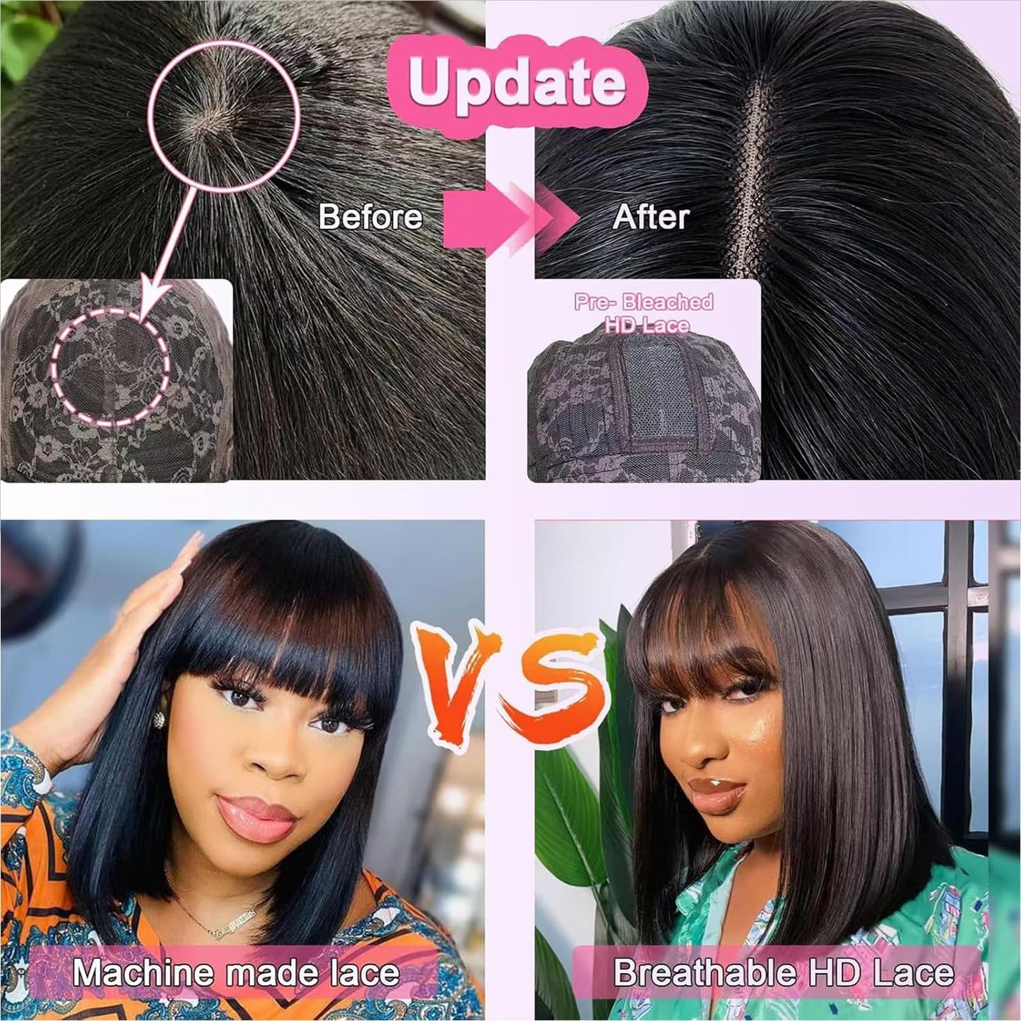 Lusina Bob Wig Human Hair With Bangs Glueless 2x4 HD Lace Colsure Wigs, Ready to Go Short Wigs For Women Beginner Friendly (Black, 10 Inch)