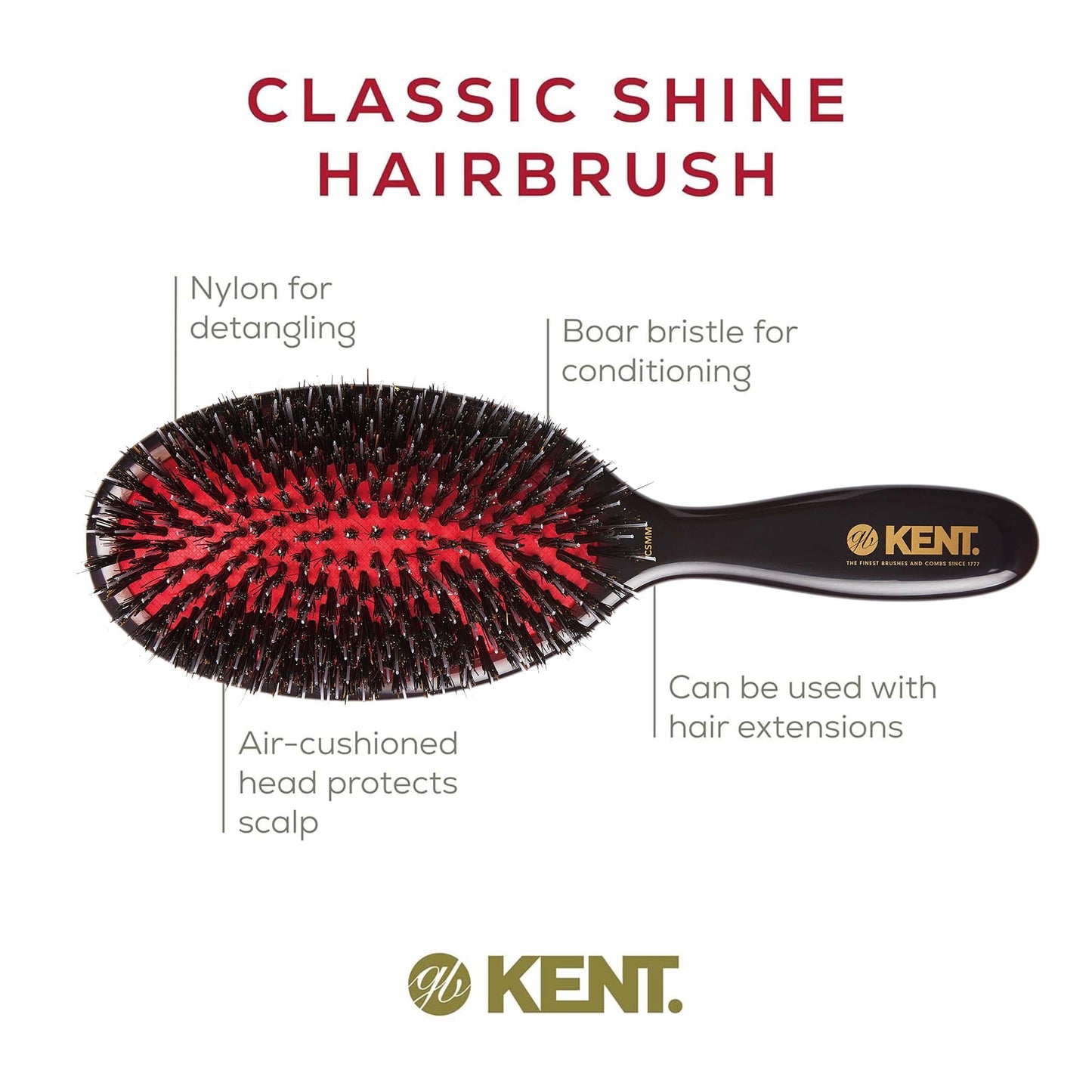 Kent CSMM 7.75" Classic Shine Medium Oval Cushion Straightening Brush - Natural Black Boar Bristle Hair Brush with Nylon Quills - Shine Hair Brush and Scalp Scrubber for Shoulder to Mid Length Hair