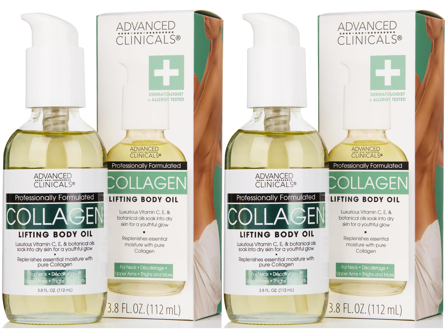 Advanced Clinicals Hydrating Collagen Oil For Body & After Shower | Visible Anti Aging Moisturizing Collagen Body Oil For Women & Men Helps Soften Appearance Of Crepe Skin & Wrinkles, 3.8 Fl Oz, 2pc