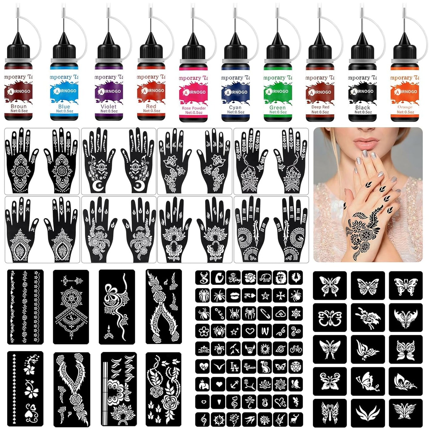 Temporary Tattoo Kit - 10 Color Ink Bottles, 8 Gloves & 86 Fun Stencils | Body Art for Kids & Adults