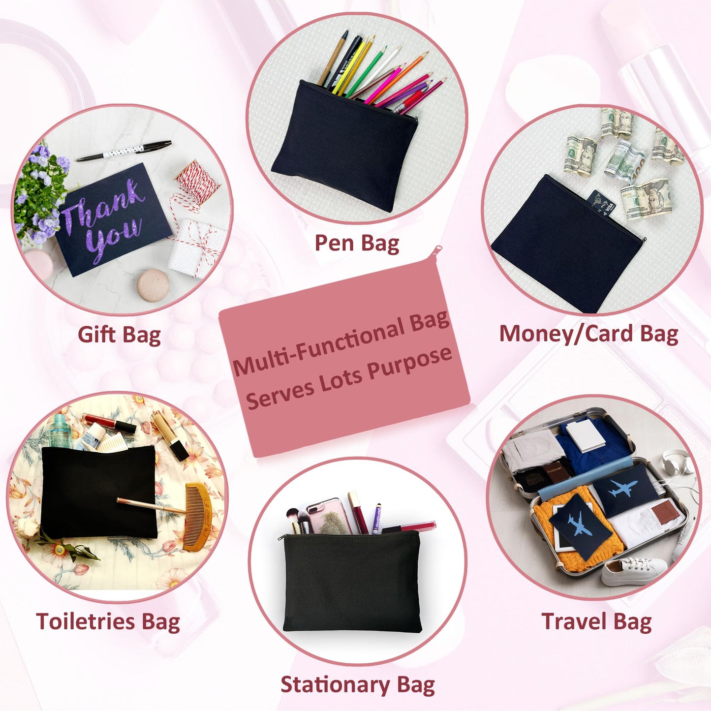 Koolmox Canvas Pouch with Zipper Bulk, 40 pcs 7.9x5.5'' Cosmetic Bag Multipurpose Makeup Pouches with Zipper Canvas Bag Large Travel Toiletry Pouch DIY Craft Purse, Black Bags Black Zip