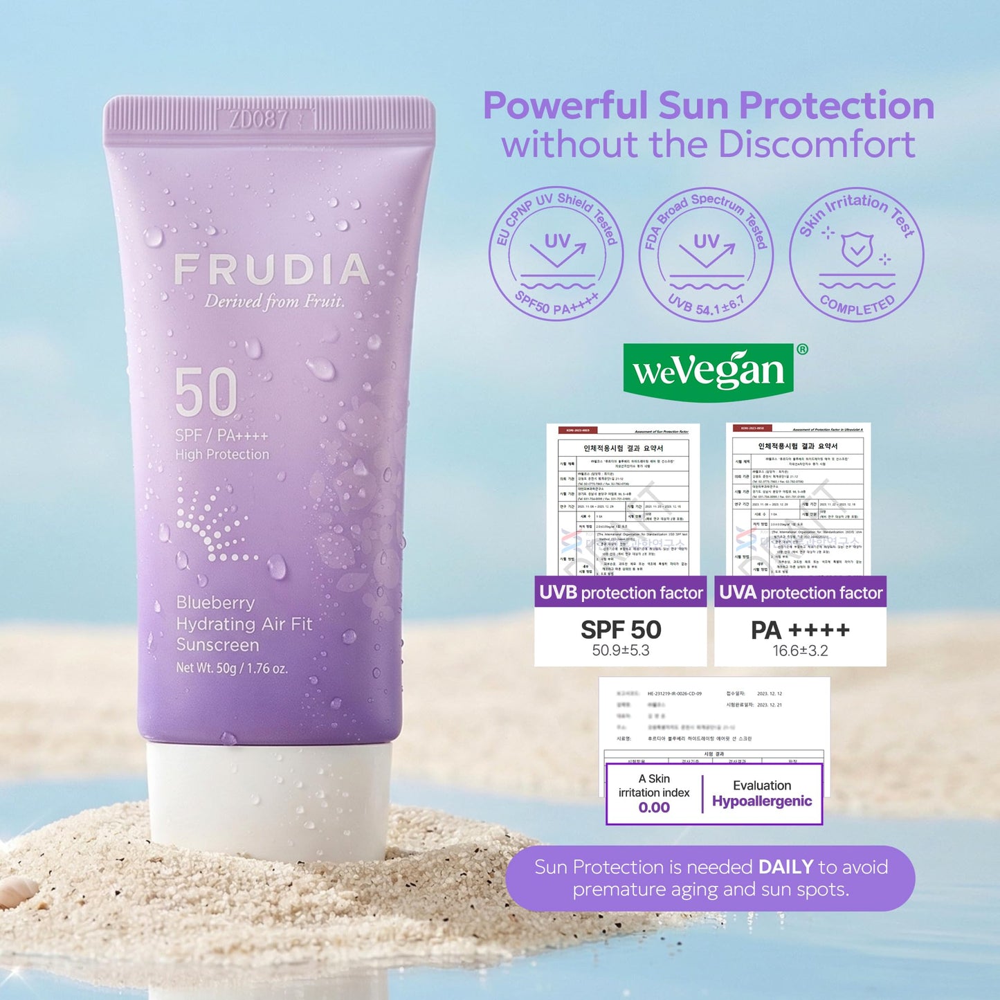 FRUDIA Blueberry Hydrating Air Fit Sunscreen SPF 50 PA++++ | Noncomedogenic, Ultra Lightweight Broad Spectrum Korean Face Sunscreen with Triple Hyaluronic Acid, & Panthenol | No White Cast, 1.76 oz