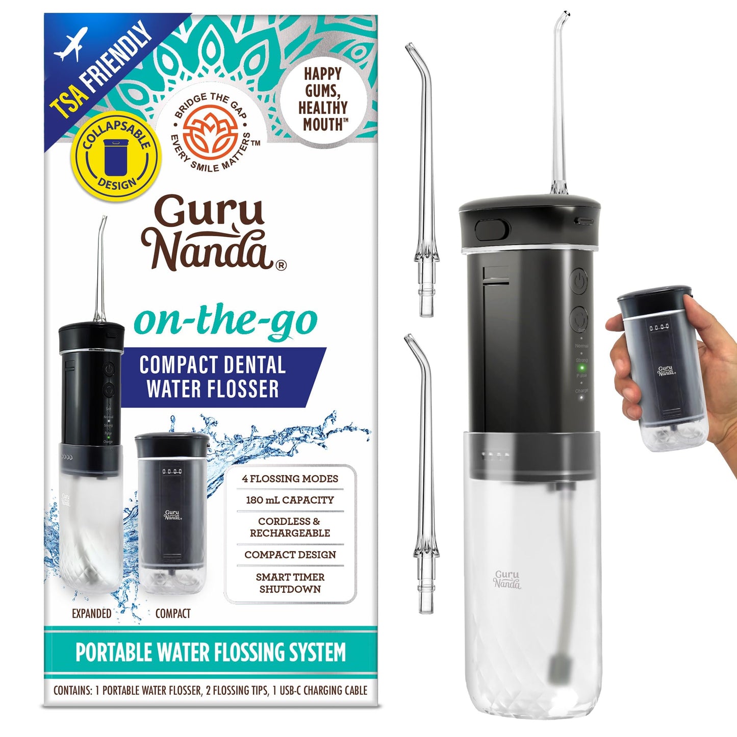 GuruNanda Compact Water Dental Flosser, Portable Travel Size Oral Irrigator Flosser with Collapsible 180 ml Tank, Smart Timer, 4 Flossing Modes, TSA-Friendly - Black
