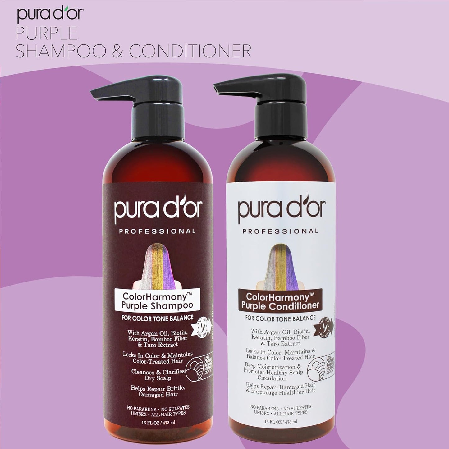 PURA D'OR Purple Shampoo & Conditioner Set - Biotin Formula for Bleached, Blonde & Silver Hair | 16oz Each