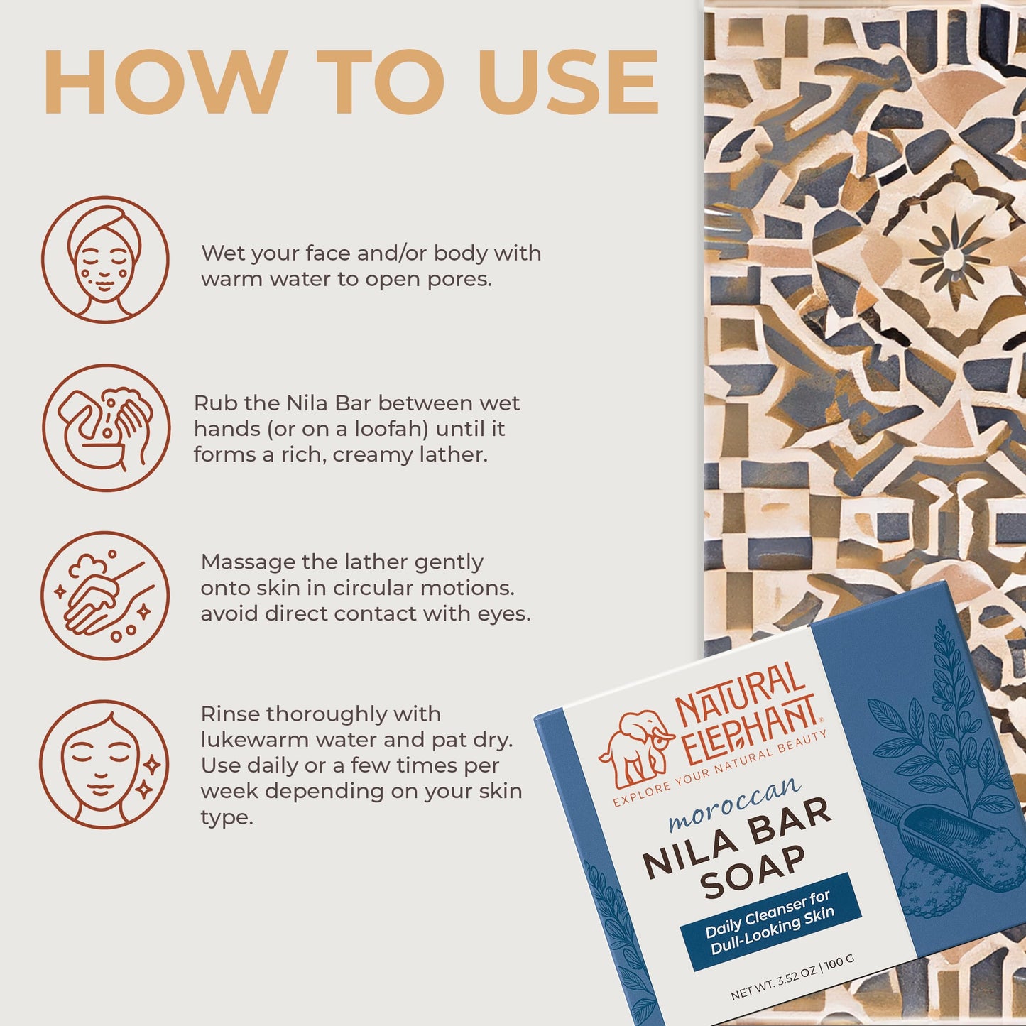 Natural Elephant Nila Bar Soap Cleanser | 3.52oz (100g) | Moroccan Nila Zarka Indigo