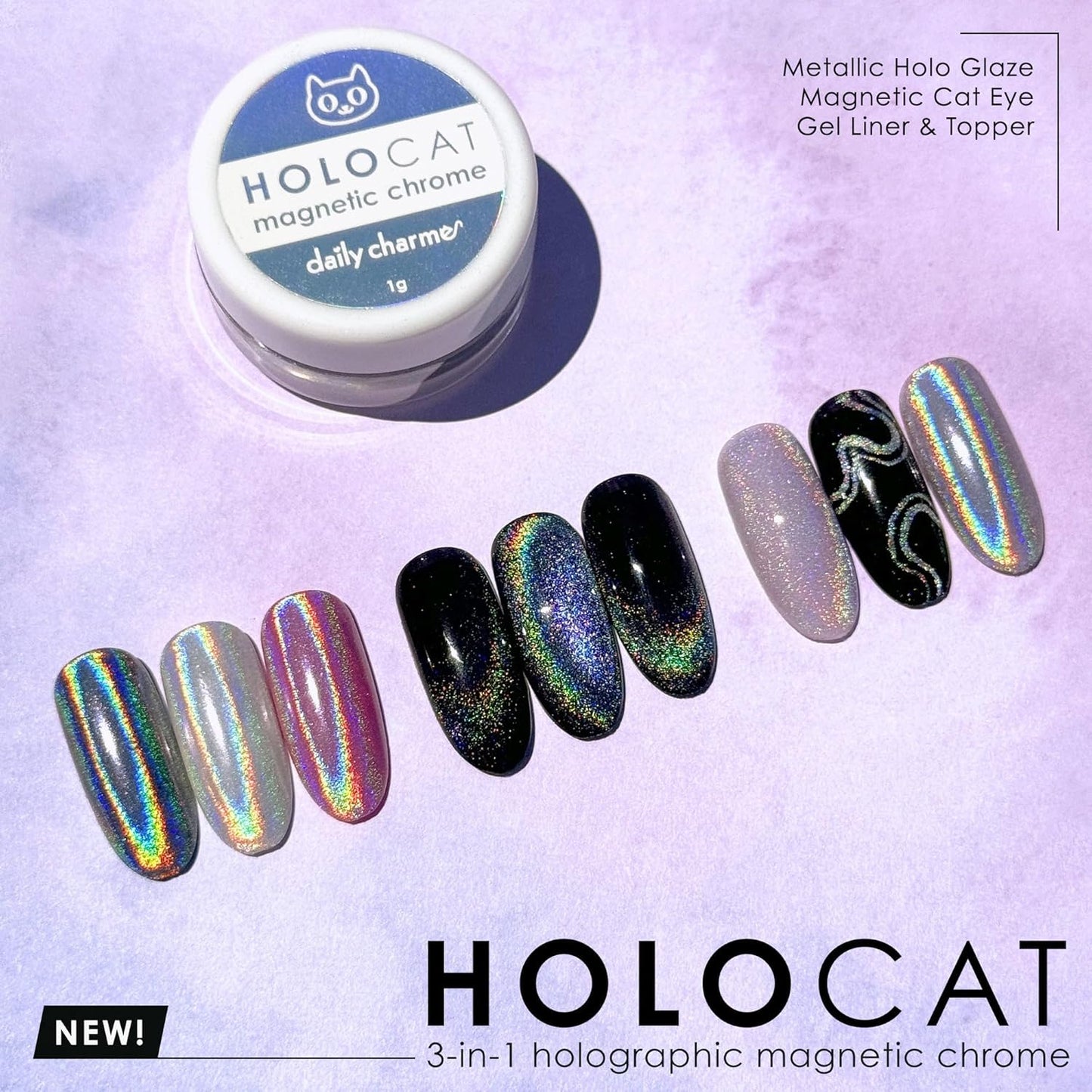 Holographic 3-in-1 Cat Eye Magnetic Nail Chrome Powder - DIY Nail Art, Holo Rainbow Effect | 1g, Holographic Silver